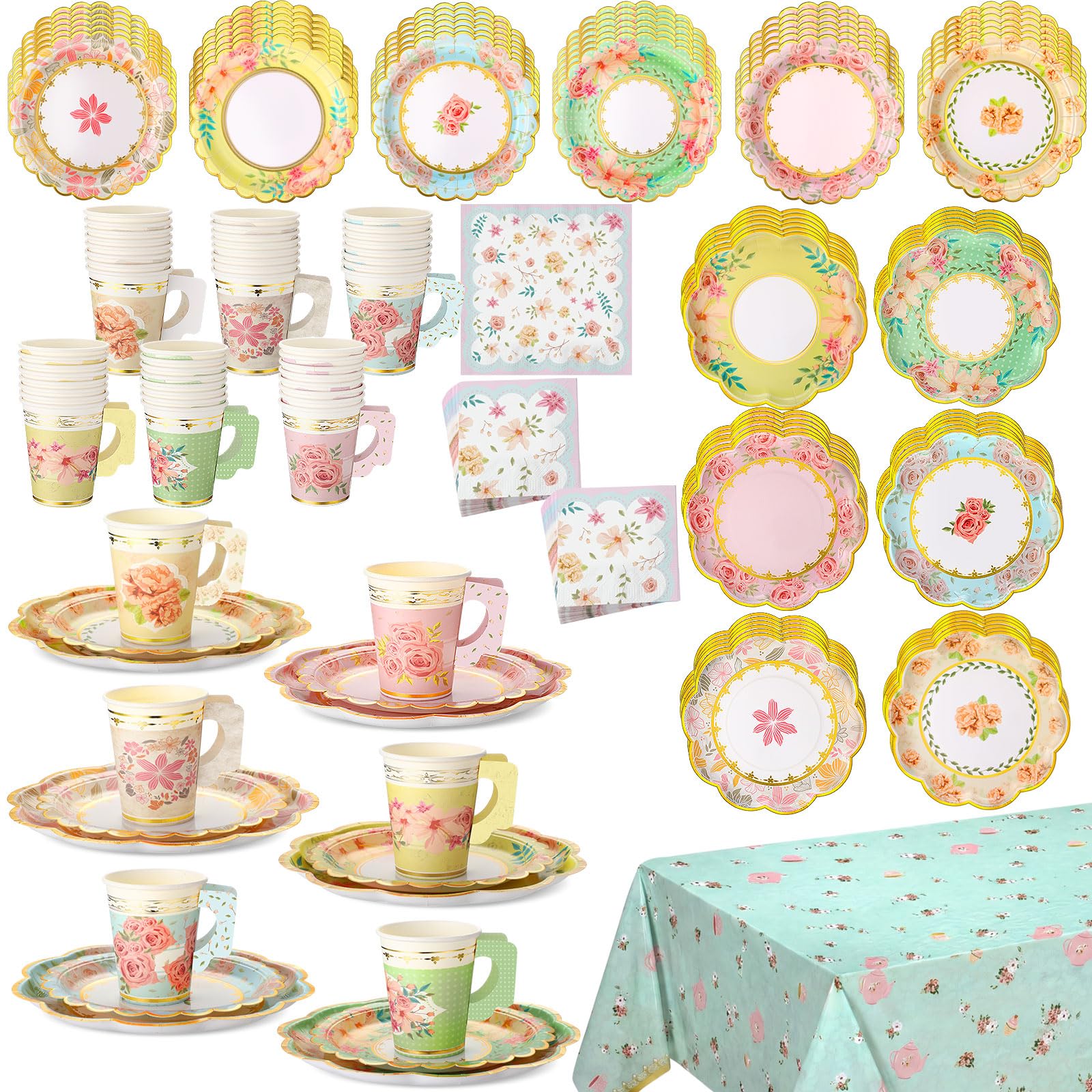 Yungyan 193-teiliges Einweggeschirr-Set mit 266 ml Pappbecher mit Griff, 17,8 cm 22,9 cm Pappteller, Servietten, Tischdecke für Blumen-Teeparty, Hochzeit, Geburtstag, 193-teilig