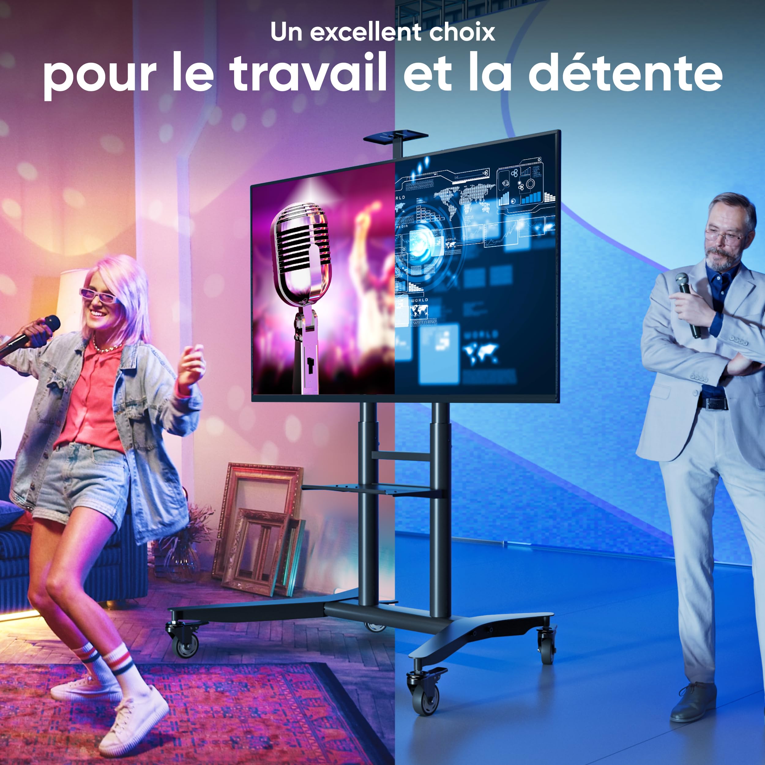 ONKRON Support TV roulettes 55-90 Pouces, 75 kg, Max VESA 800x600, TS1871-B | Support TV mobile, hauteur réglable jusqu’à 1590 mm, gestion des câbles, pour réunions, formations et événements, noir