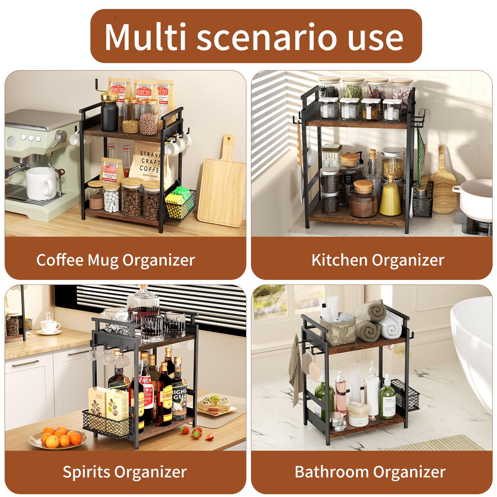 Organizador de barra de café de 2 niveles para oficina en casa, estante de especias para encimera, estante de almacenamiento de encimera de cocina con cesta colgante, organizador de estación de 4