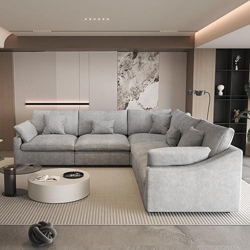 Miniatura 83 de WJShome - Sofá seccional modular en forma de nube para sala de estar, sofá de 160" con relleno de plumón en forma de U con otomano, sofás
