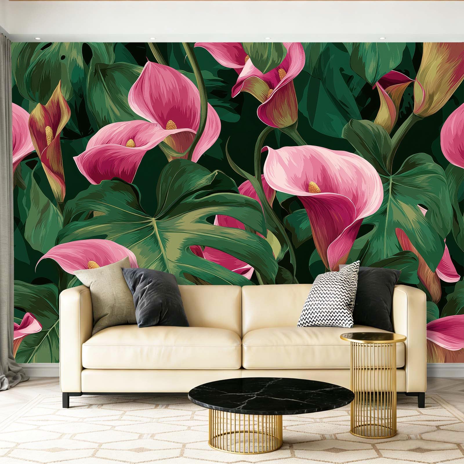 Fototapeta naturalna tropikalna Calla Liście Fotograficzne Mural Sypialnia Pokój dziecięcy, 400 x 280 cm Fototapeta artystyczna, zielona różowa