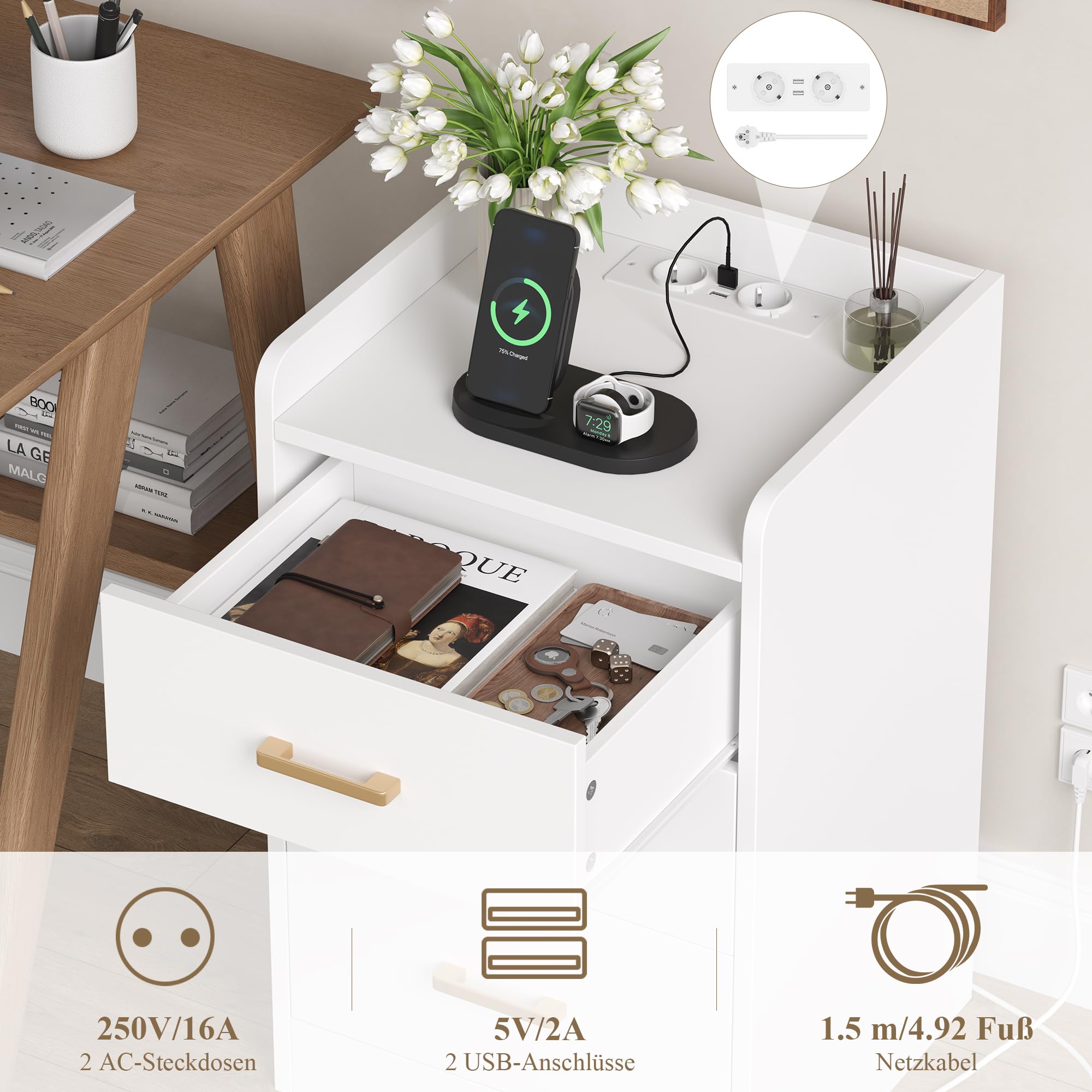 FirFurd Nachttisch Nachtschrank mit Steckdosenleiste & 3 Schubladen | Beistelltisch mit 2 AC-Steckdosen, 2 USB-Anschlüsse, 1,5 m Netzkabel, für Schlafzimmer Wohnzimmer Büro, 40x38x66cm, weiß