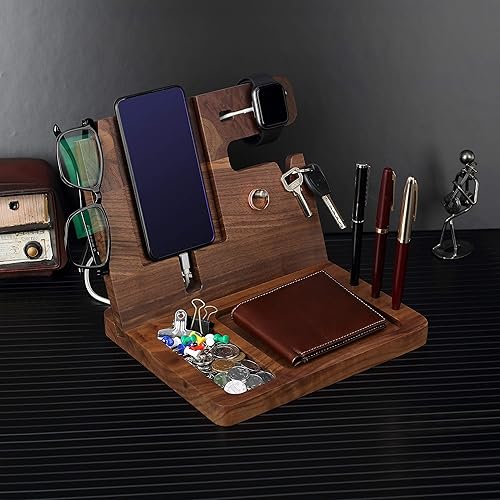 Miniatura 7 de awofer Regalos para hombres  Estación de acoplamiento para teléfono de madera de ébano  Mesita de noche con soporte para llaves, soporte de cartera