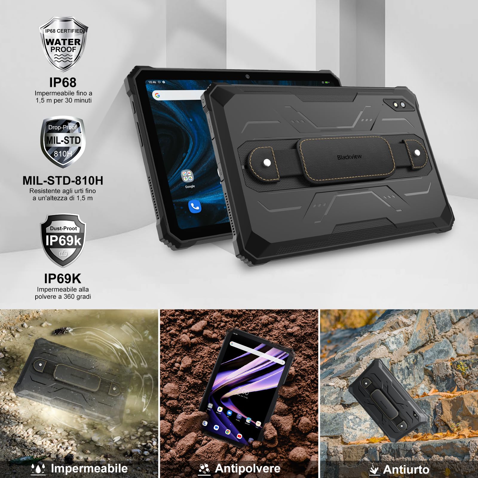 Blackview Active8 Pro Rugged Tablet, 24GB(8GB + 16GB) RAM + 256GB ROM/TF 1TB 10,36 pollici Android 15 Tablet Robusto, 2,4K FHD+, batteria 33W 22000mAh, fotocamera 48MP con ArcSoft, Dual 4GSIM 5GWiFi