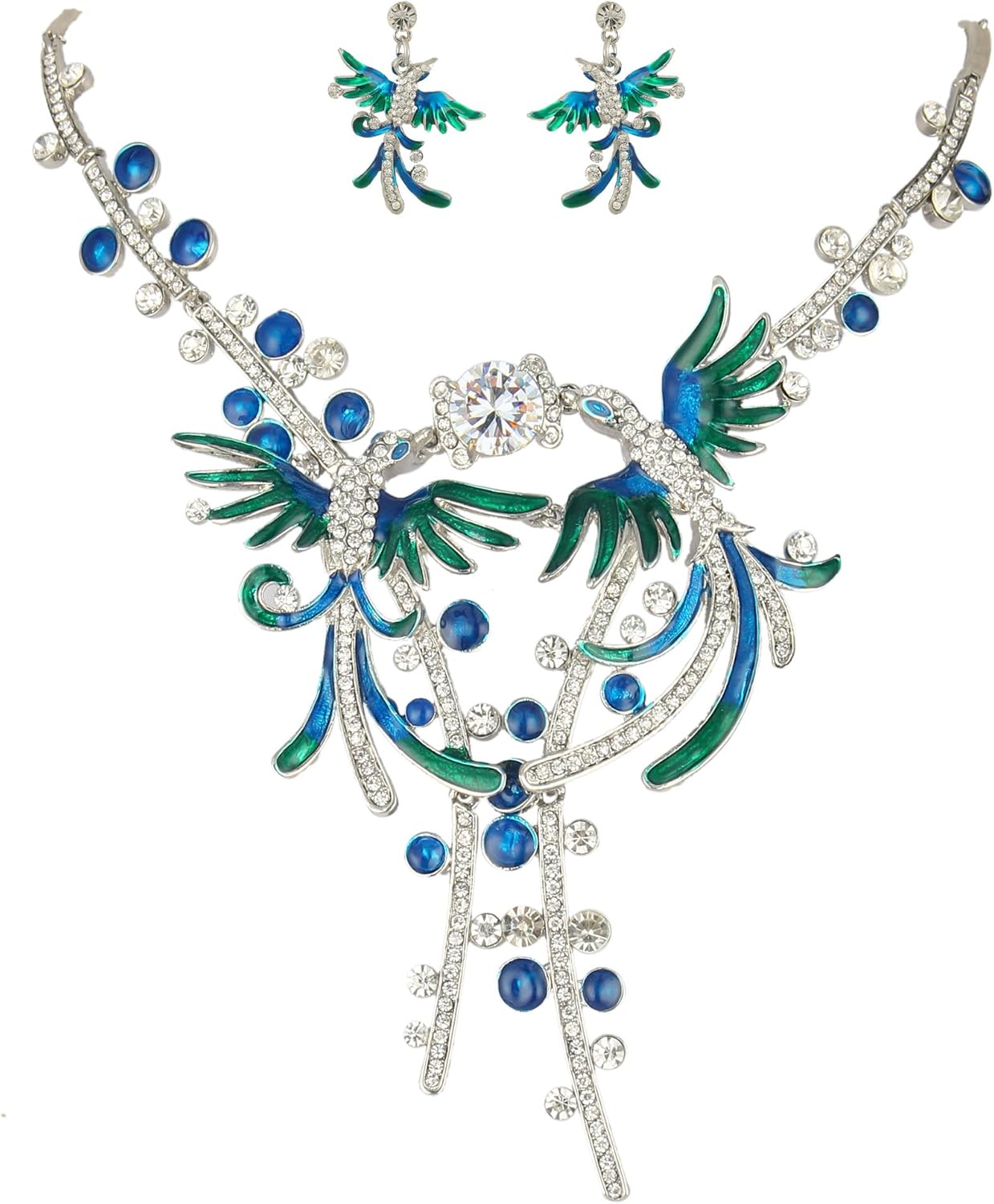 EVER FAITH Austrian Crystal CZ Enamel 2 Phoenix Bird Animal Lover Necklace Earrings Set