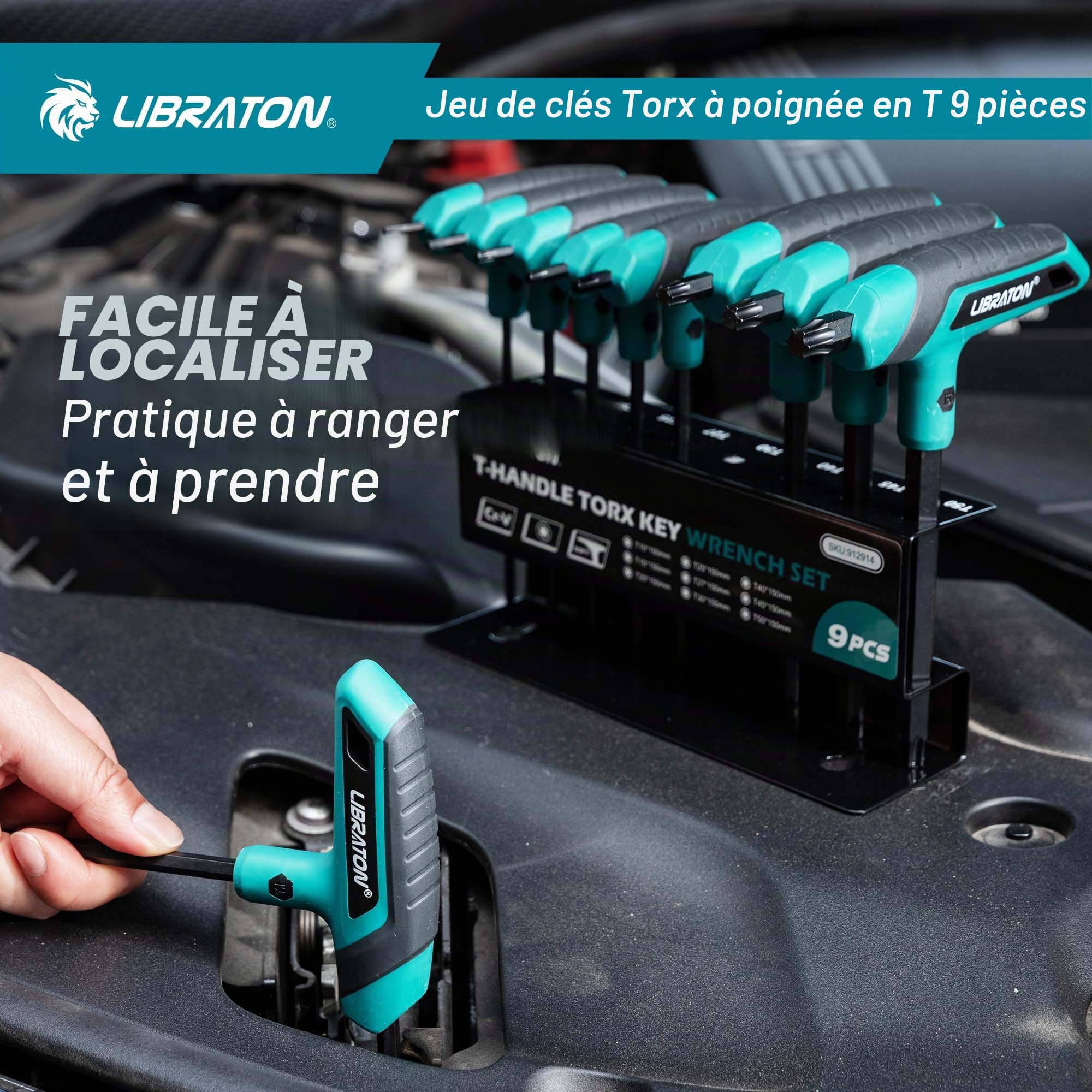 LIBRATON Jeu de Clés Torx à Poignée en T, Clé Torx à Étoile T10-T50, Conception à Deux Pointes, Adaptée Aux Vis Torx, Bricolage, Outil de Réparation de Vélo, 9 Pièces avec Support de Rangement