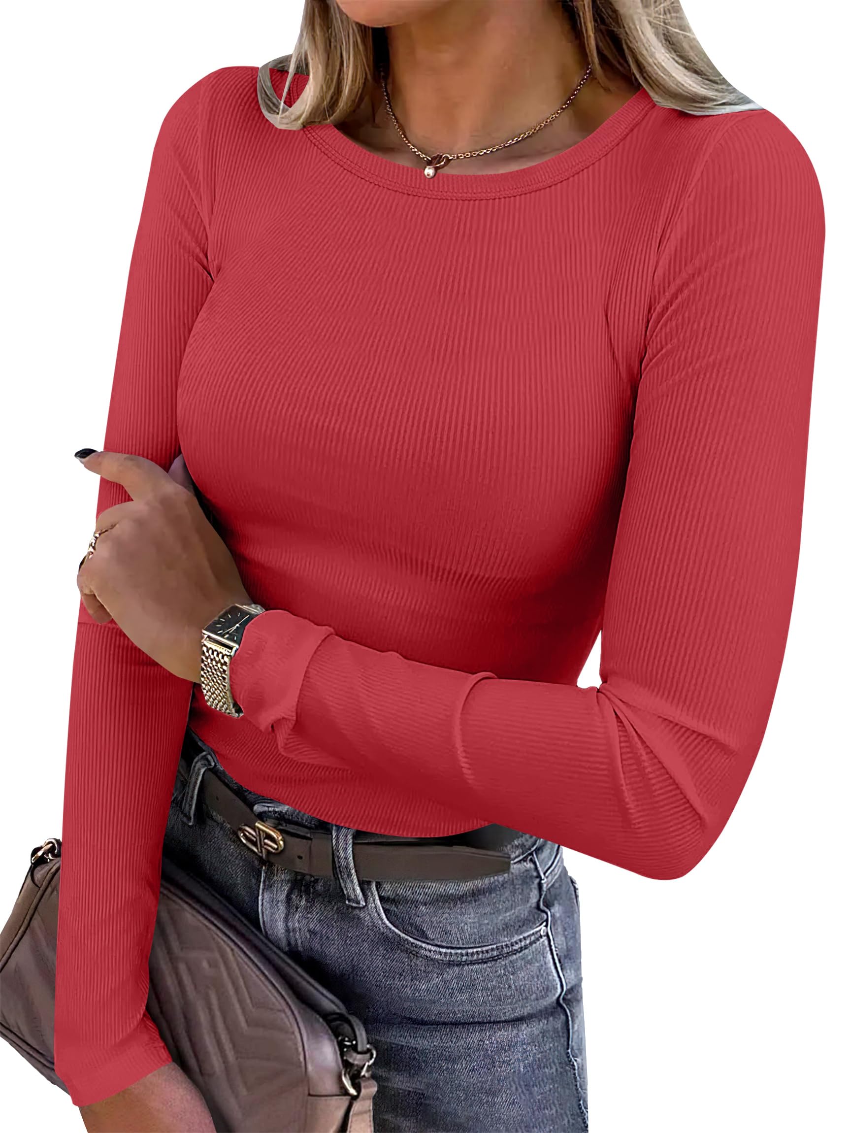 ANRABESS Women Long Sleeve Shirts Ribbed Fitted Tops | Slim Basic Tee,2026 Fall Outfits,Lightweight Knit T-Shirt,Soft Underscrub,Winter Layer Clothing,Casual Work &amp; Everyday Wear
