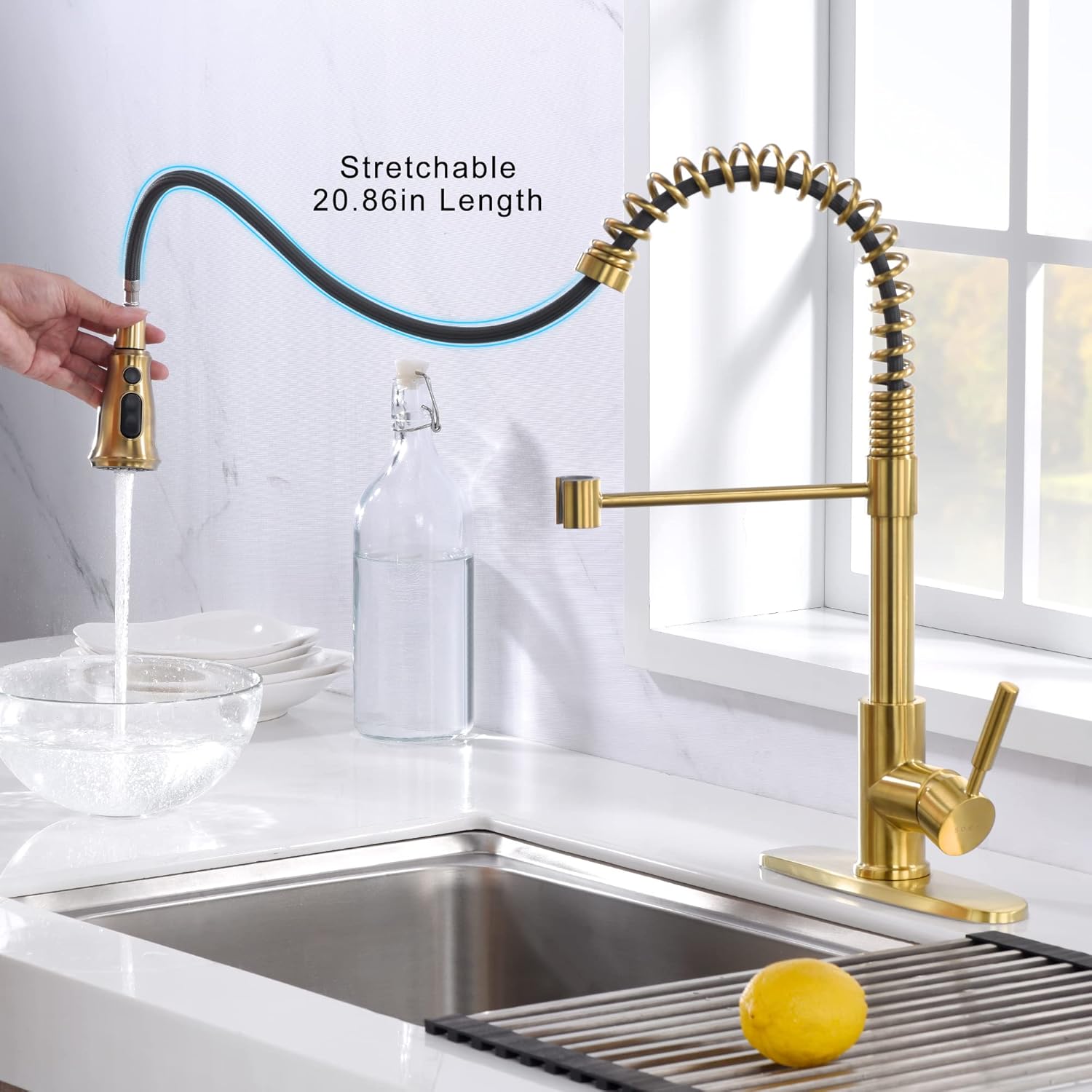 SOKA kitchen faucet pull-down sprayer extended to its full length of 20.86 inches.
