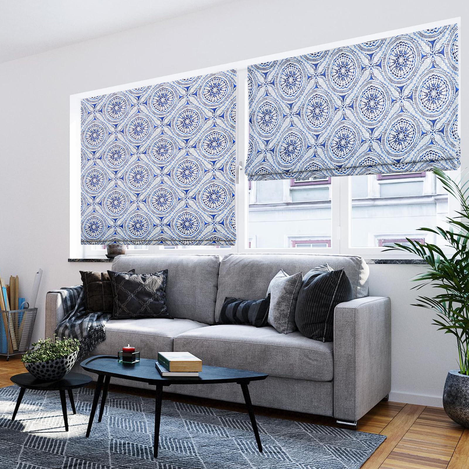 Grneric Roman Shades Window Shades,Blue Pattern Blackout Light Filtering Custom Window Roman Blinds,10percent Linen Fabric Roman Shades for Windows,French Doors,Doors,Kitchen Windows