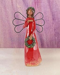 iStatue Christmas Angel Figurine, 6.7'' Resin Faceless Realistic Hand-Painted Sculpted Wings with Wreath Ornament, Xmas Angel Gifts for Women/Girls (Red)