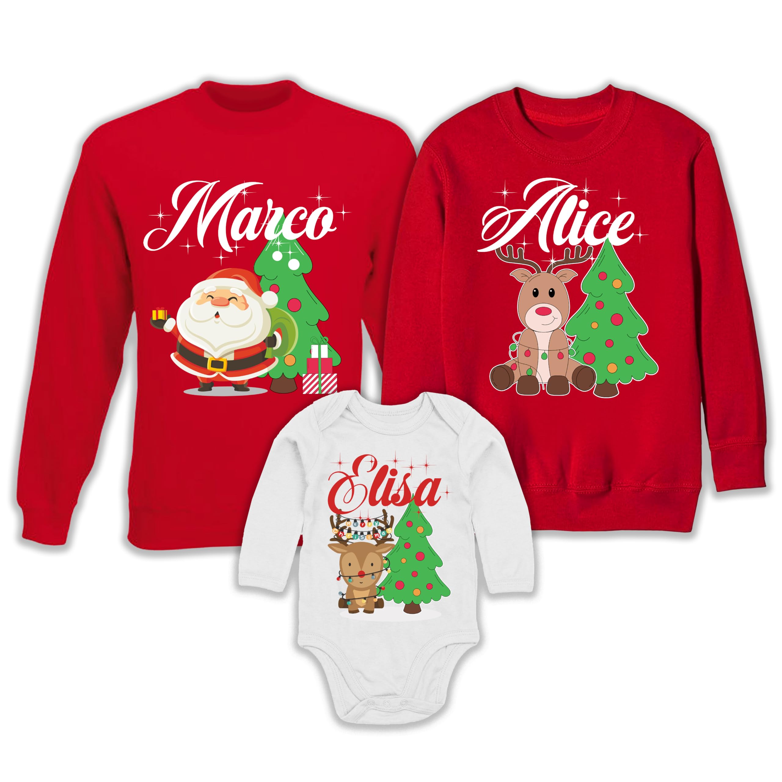 Felpe e Body Neonato Natale Maniche Lunghe Famiglia Nomi Personalizzabili Padre Madre Bimbo Bimba Set 3 Christmas