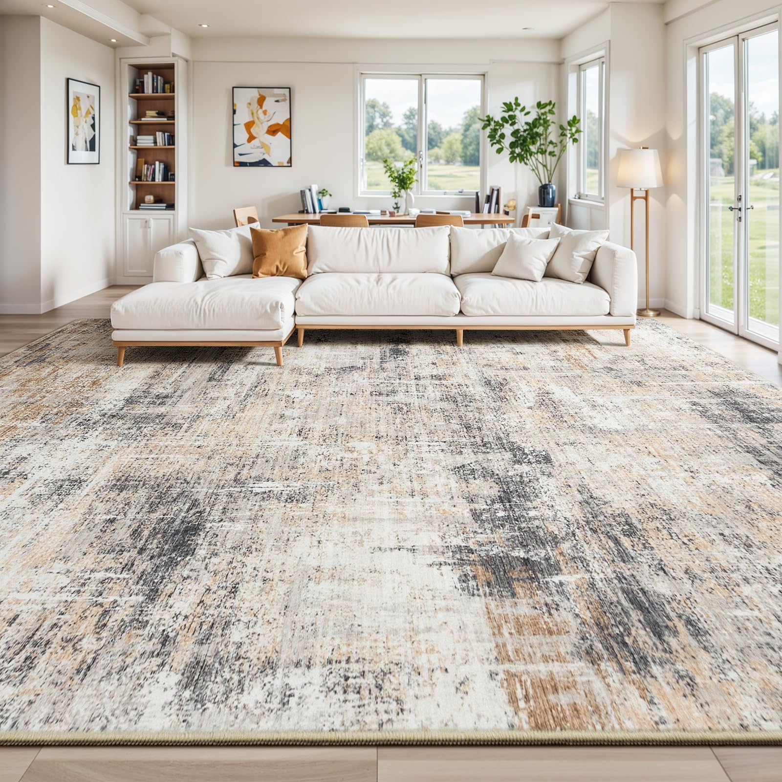 Photo 1 of 10x14 Area Rug for Living Room, Abstract Washable Non-Slip Large Rugs, Gold