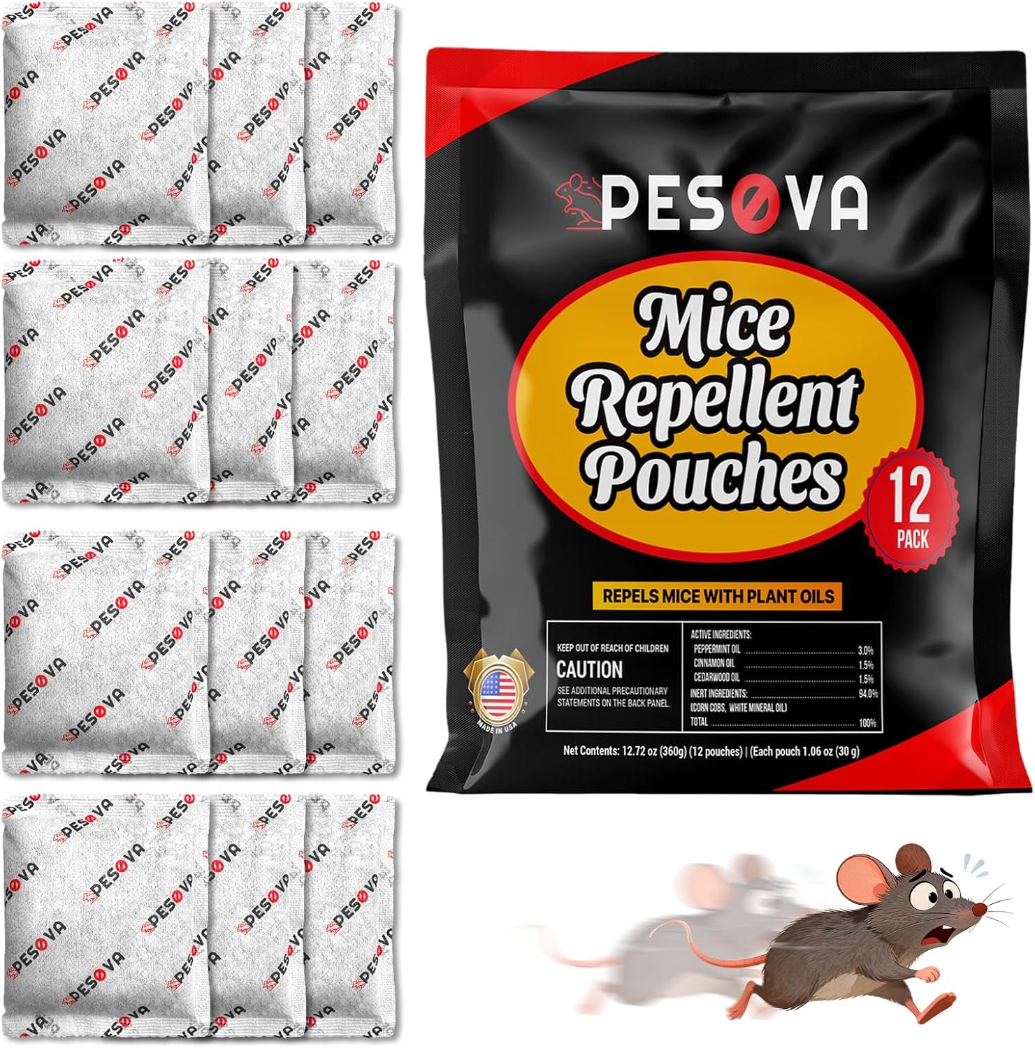 Mouse Repellent Pouches, Natural Rodent Repellent for Home, Car, RV, Garage, and Storage-Peppermint Scented Mice Repellent, Long-Lasting Indoor & Outdoor Rodent Defense (12 Pack)
