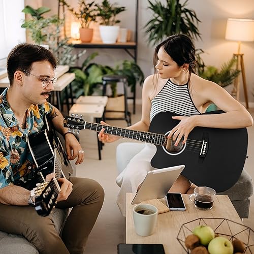 Vista 7 de Kit de guitarra electroacústica Vangoa para zurdos, tamaño completo, para principiantes adultos, con EQ de 4 bandas incorporado, bolsa, afinador