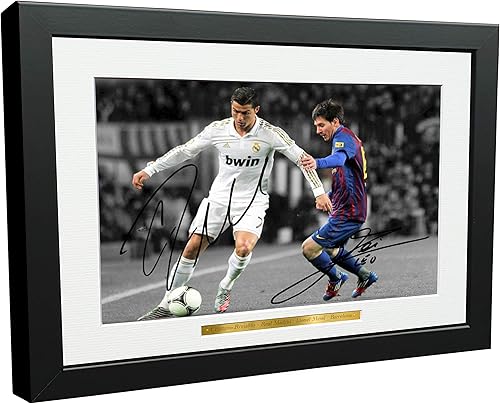 Firmado 12x8 Fútbol Negro Cristiano Ronaldo Real Madrid Lional Messi Barcelona Autógrafo Fotografía Fotografía Fútbol Marco de fotos Regalo A4