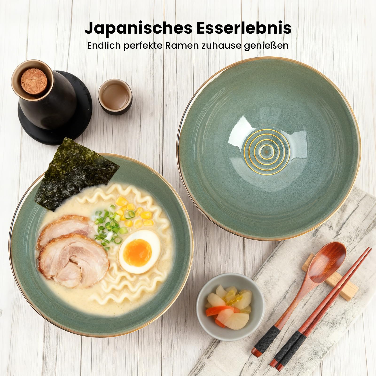 GEEKHOM Ramen Juego de 2 cuencos japoneses de cerámica con palillos y cuchara de madera de 1200 ml, grande, microondas y lavavajillas para pasta, sopa, pho, ensalada