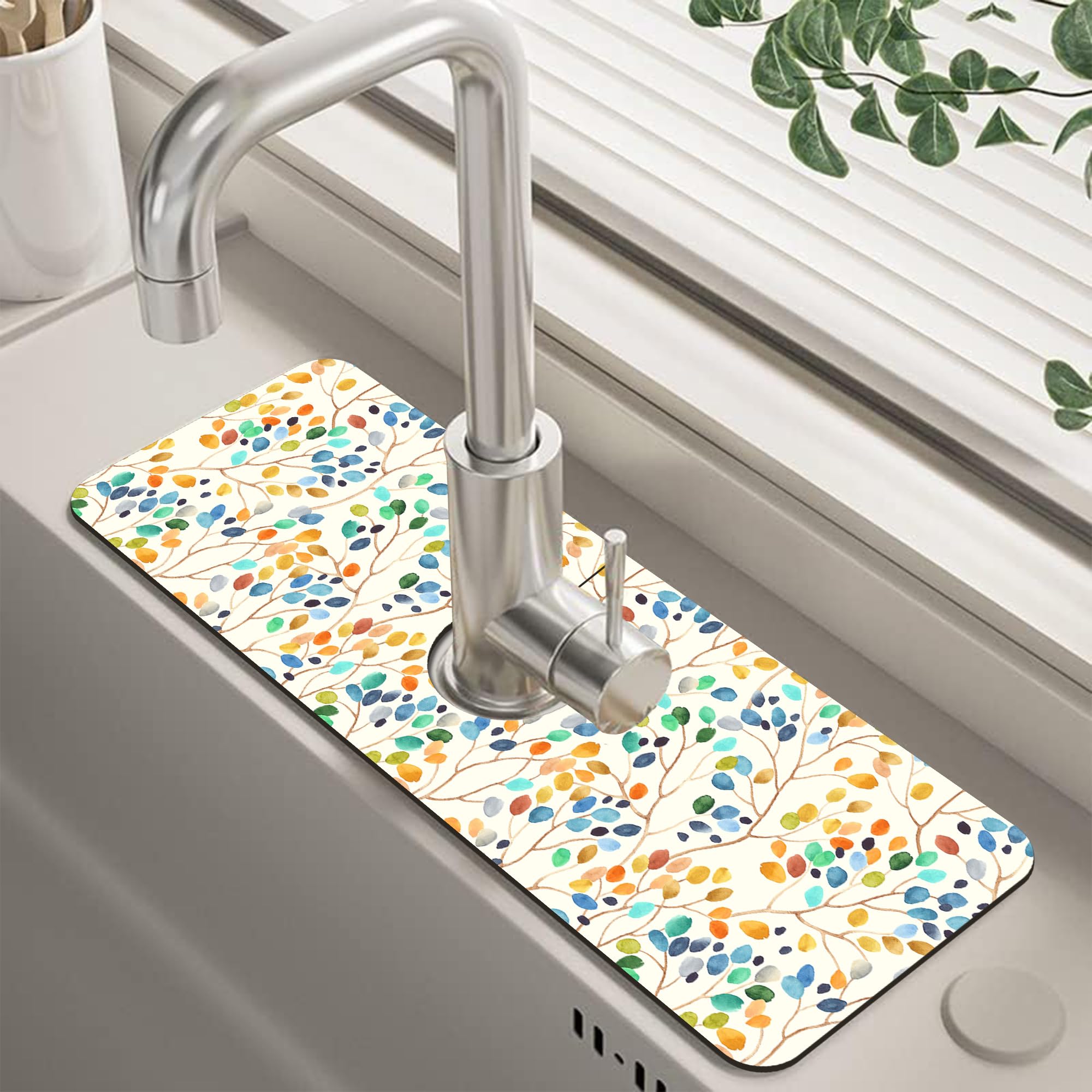 Abstract Watercolor Leaves Sink Faucet Absorbing Mat Sink Splash Guard Faucet Mat Draining Mat Fast Drying Sink Protectors for Kitchen and Bathroom