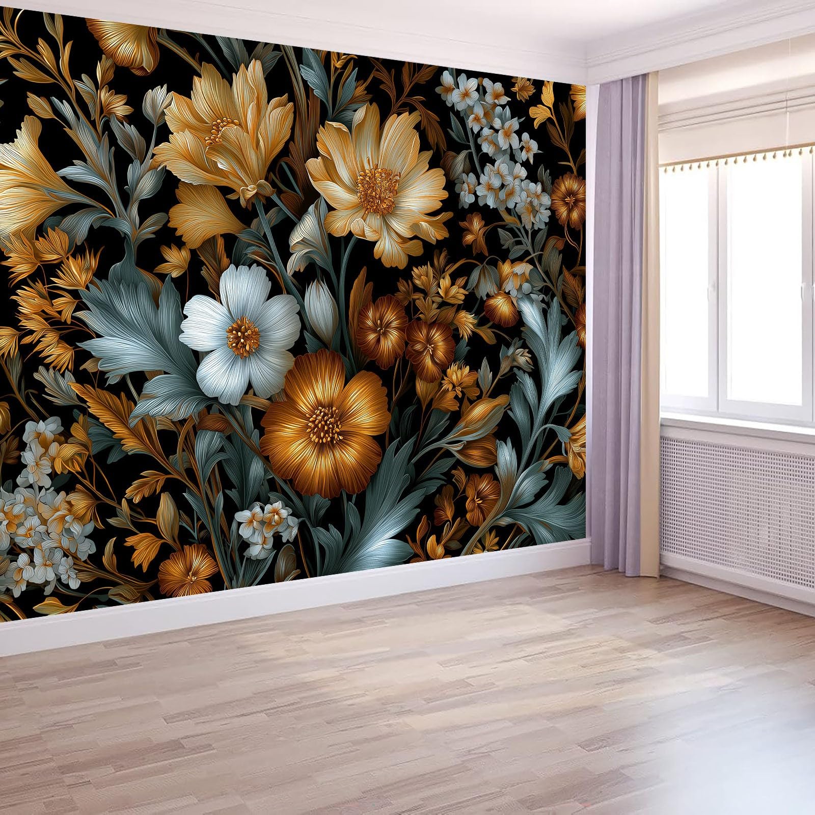 Générique Tapeta panoramiczna 3D w stylu vintage kwiaty rośliny liście ciemnozielona 350 x 256 cm, tapeta z włókniny - fresk ścienny do salonu, sypialni i biura, dekoracja ścienna druk HD