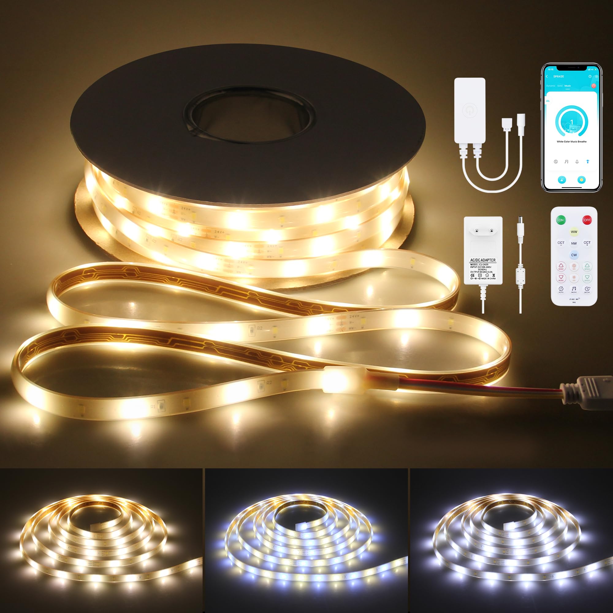 ALITOVE 24V LED Streifen 20m Abstimmbar Weiß 2700K~6500K mit APP-Steuerung | RF Fernbedienung, LED Band Aussenbereich Wasserdicht, Musik-Sync, Timer, für Decks Terrasse Garten, Nicht Selbstklebend