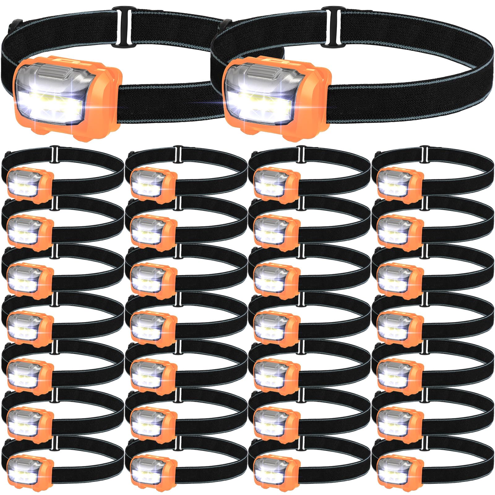 Macarrie Paquete de 30 faros LED IPX4, impermeables, 3 modos, linterna frontal, luces de cabeza brillantes, accesorios de camping para adultos y niños, senderismo, correr, reparación, pilas no