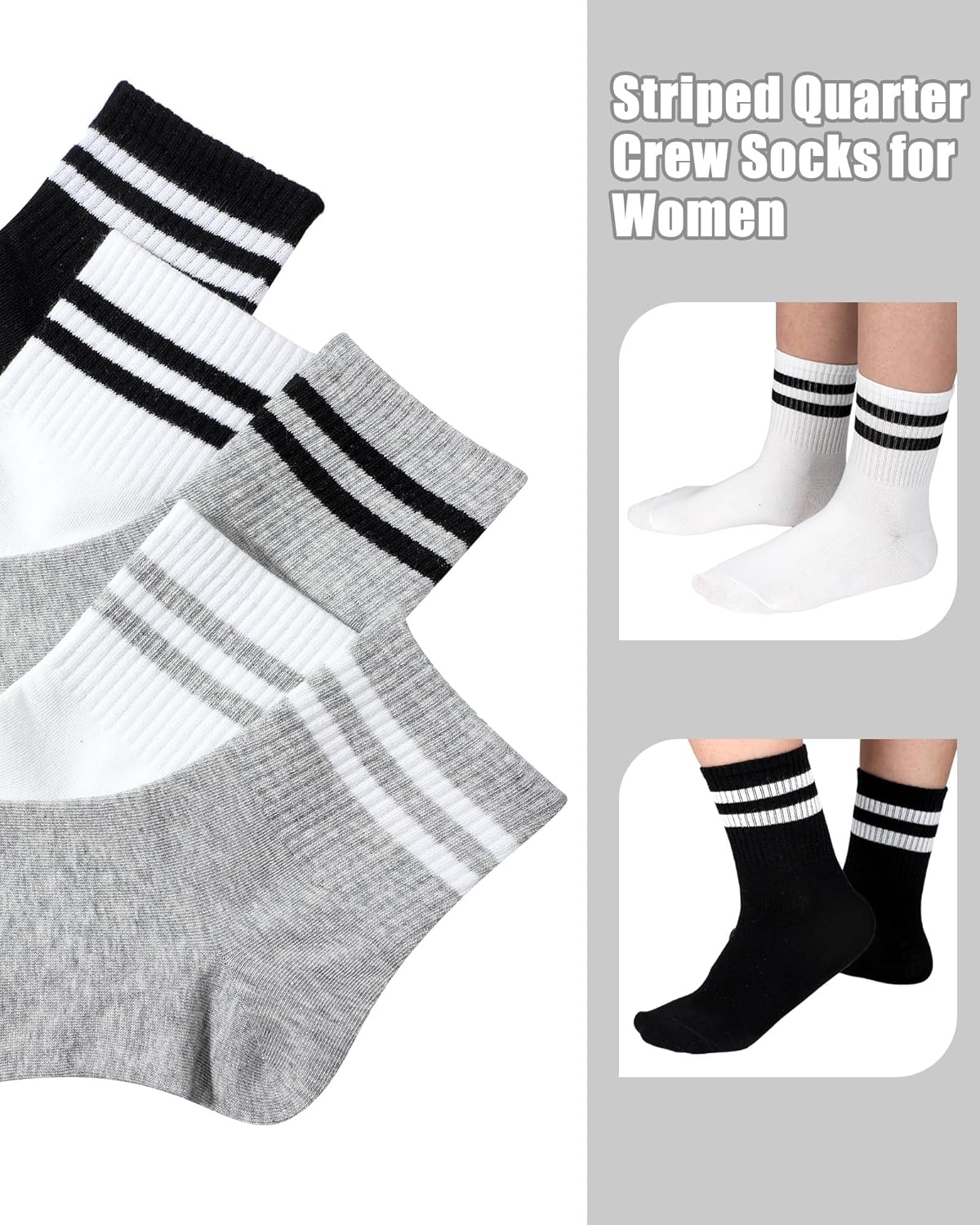 Shihanee 10 Pairs Striped Crew Socks Women Combed Cotton Quarter Crew Socks Athletic Casual Bulk Sport Daily Gift for Women Size 5-10 - Image 5