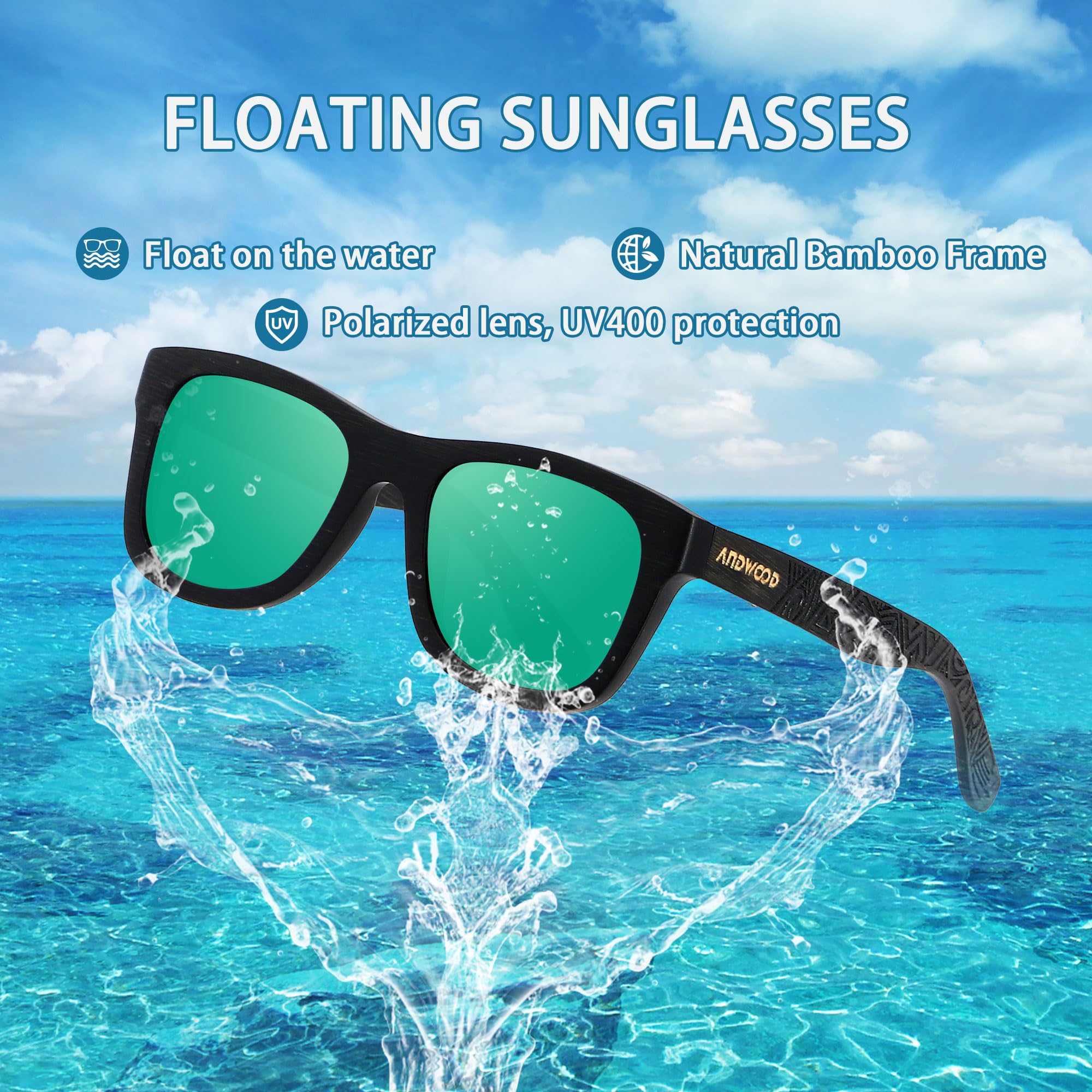 ANDWOOD Bamboo Sunglasses Floating for Men Women Wood Sunglass Wooden Frame Polarized Vintage Handmade Mirrored