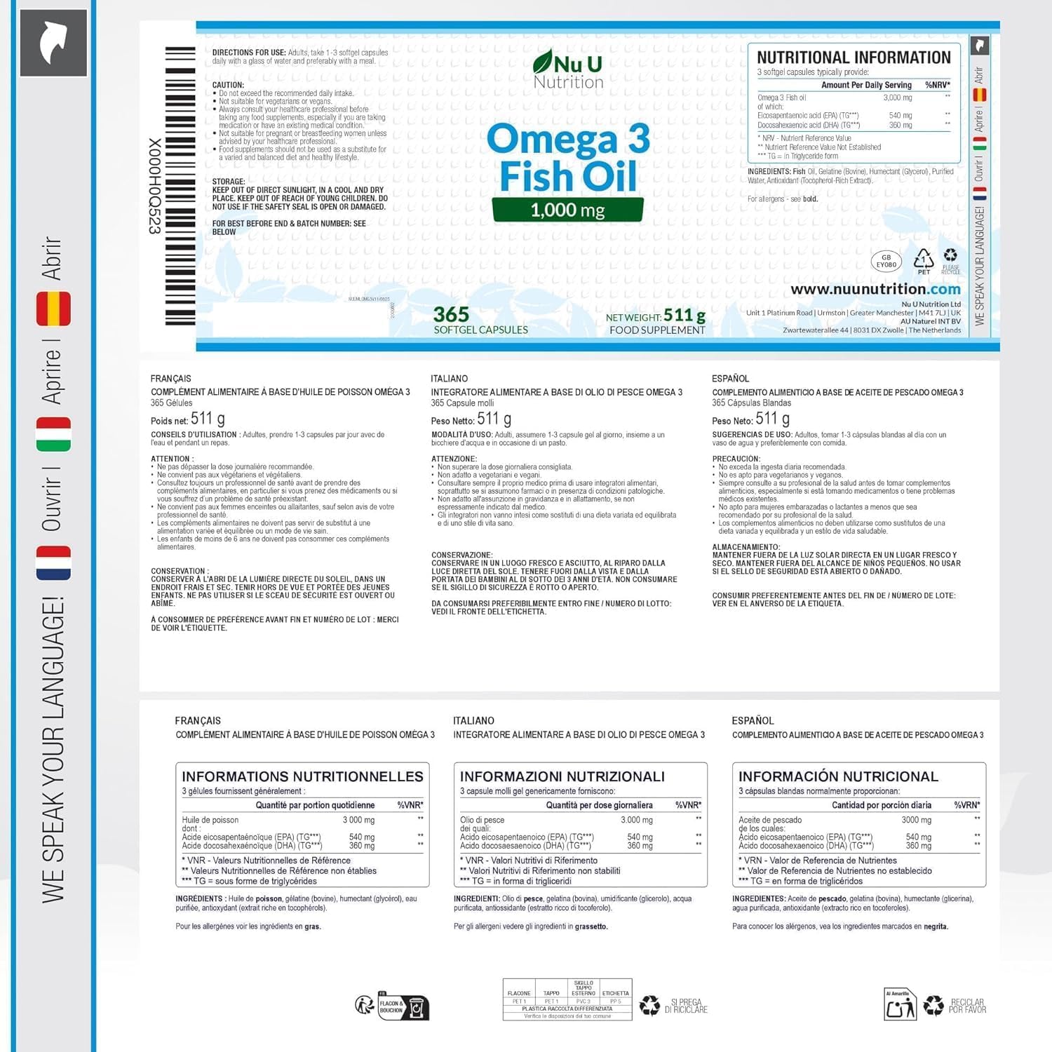 Omega 3 Fish Oil 1000 mg - Huile de Poisson - 365 Gélules - Cure d'1 An - Riche en EPA 540mg et DHA 360mg - Compléments alimentaires de Nu U Nutrition