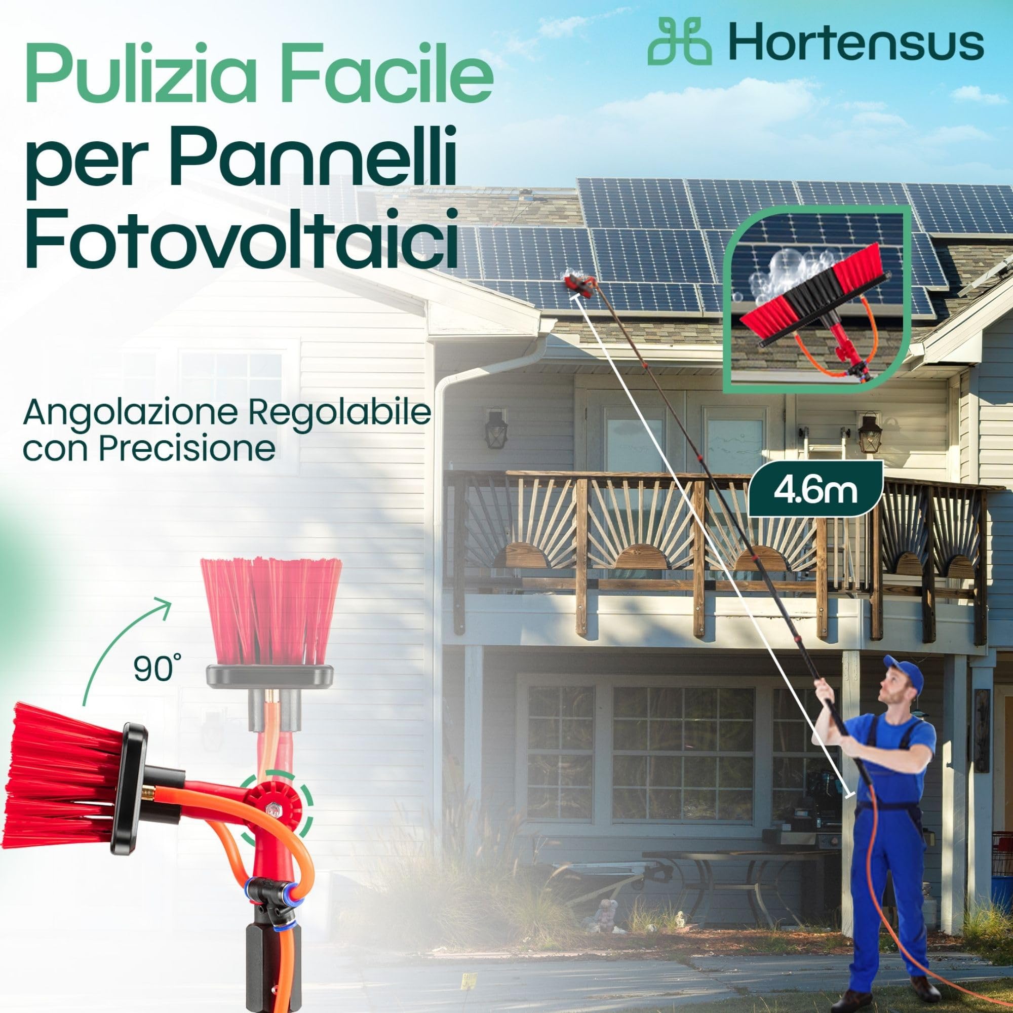 Spazzola Lavaggio con Asta Telescopico – Spazzola Telescopica con Collegamento all’Acqua per Pannelli Fotovoltaici e Solari, Auto, Camper, Grondaie, Tetti e Facciate Pulizia (4,6 m)