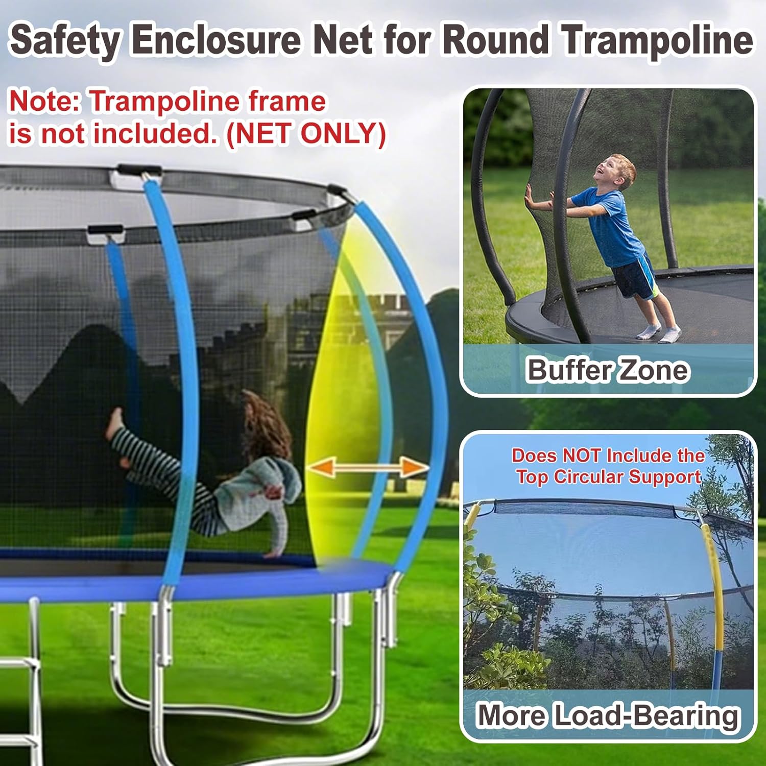 Trampoline Replacement Safety Enclosure Net with Zippers and Buckles (Net Only) for Round Frame Trampolines 6/8/10/12/14/16FT