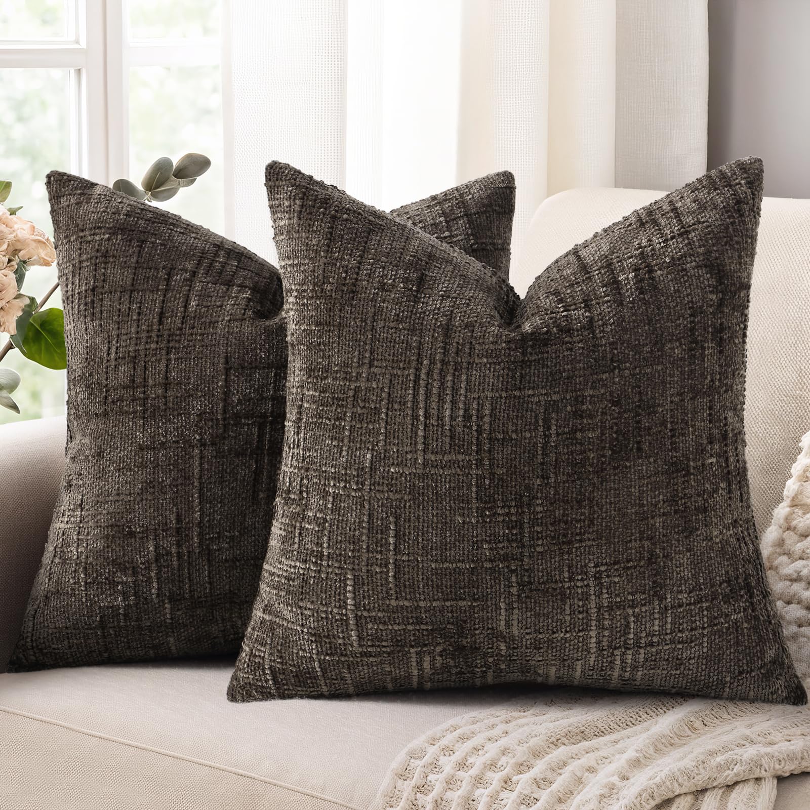Homaxy Chenille Throw Cushion Covers 55x55cm Pack of 2, Brown โ image 1
