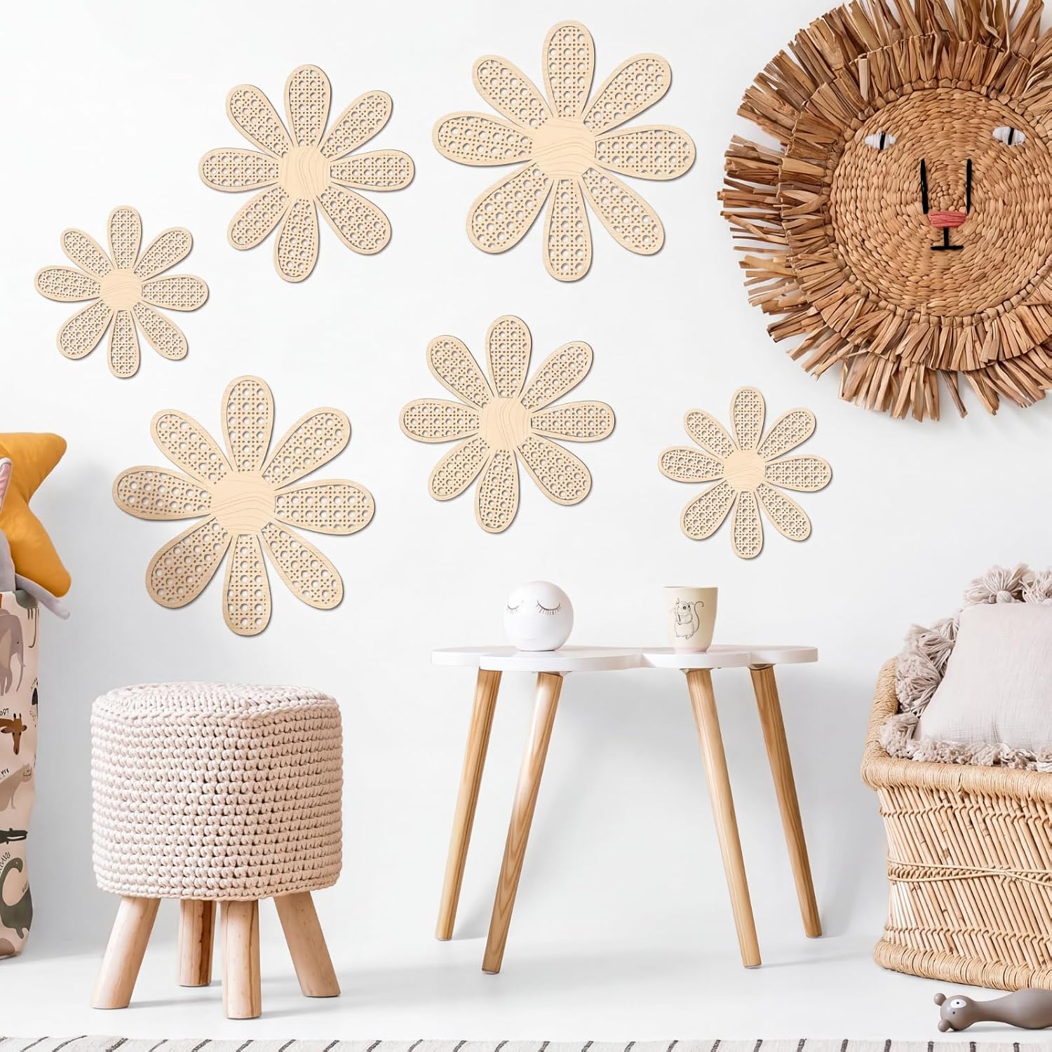 Thyle 6 Pcs Boho Daisy Wall Decor Natural Rattan Flower Wall Hanging Art Wooden Boho Art Nursery Decor Daisy Signs Flowers Farmhouse Hanging Decoration for Home Office Nursery