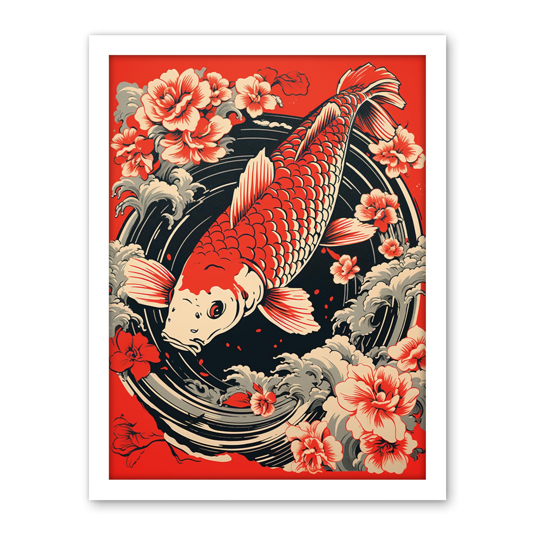 Artery8 Koi Fish Carp Japanese Whirlpool Red Black Floral Illustration Artwork Coy Artwork Framed Wall Art Print 18X24 Inch