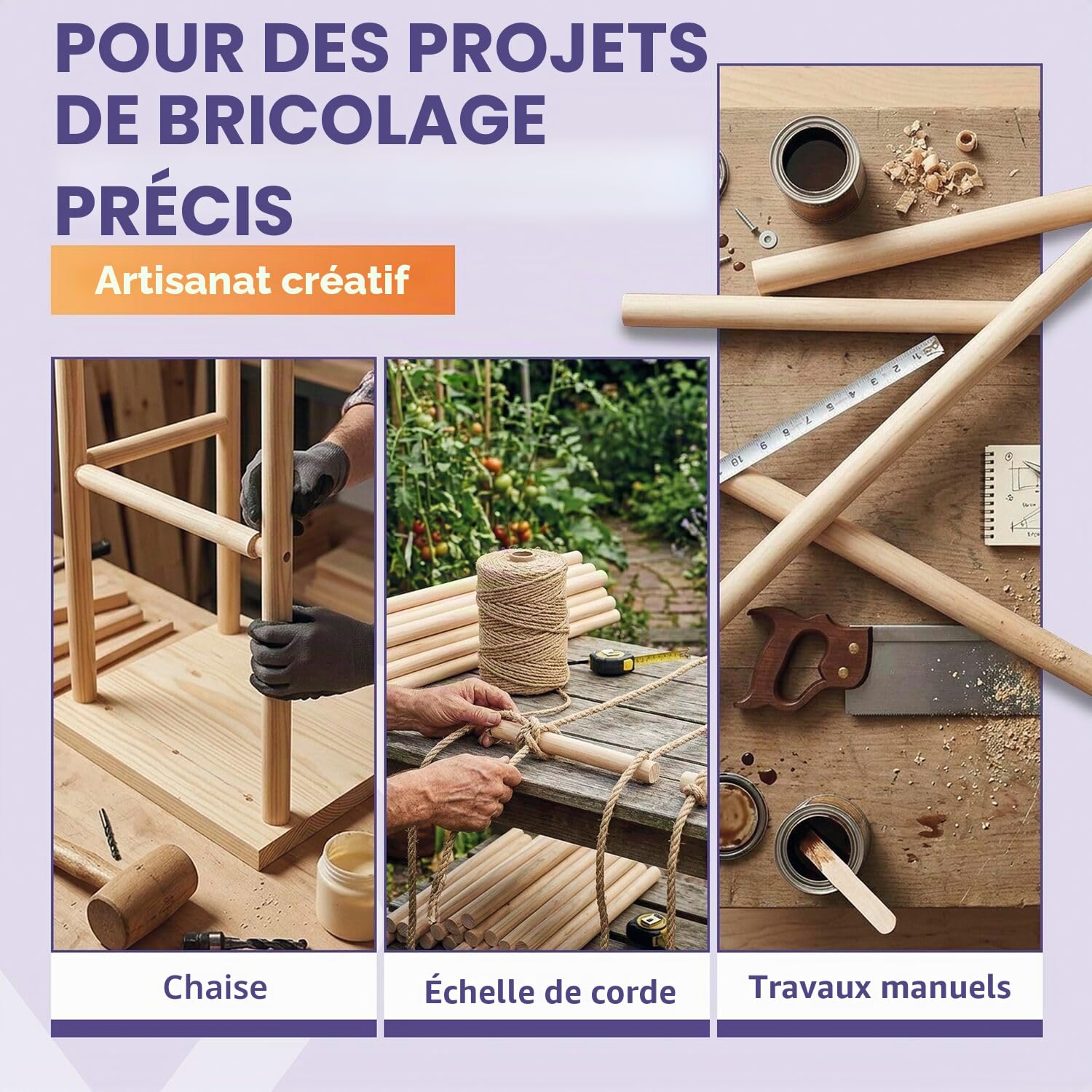 vasalat Lot de 6 bâtons en bois de hêtre lisse - 100 cm x 18 mm - Idéal pour les projets de bricolage