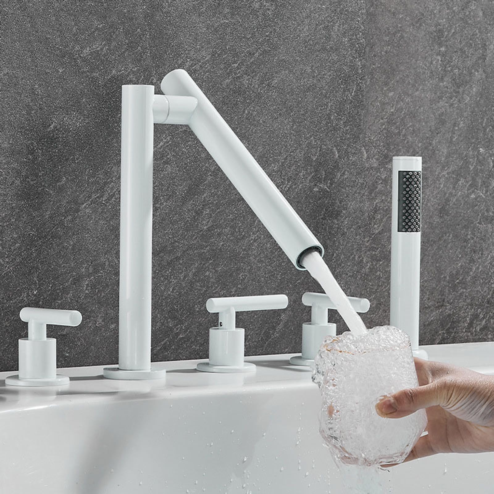 SnamicE Deck Mount 5 Hole Shower Bath Mixer Taps Black Rotating Spout Bathroom Hot Cold Water Tap Mixer Shower,White