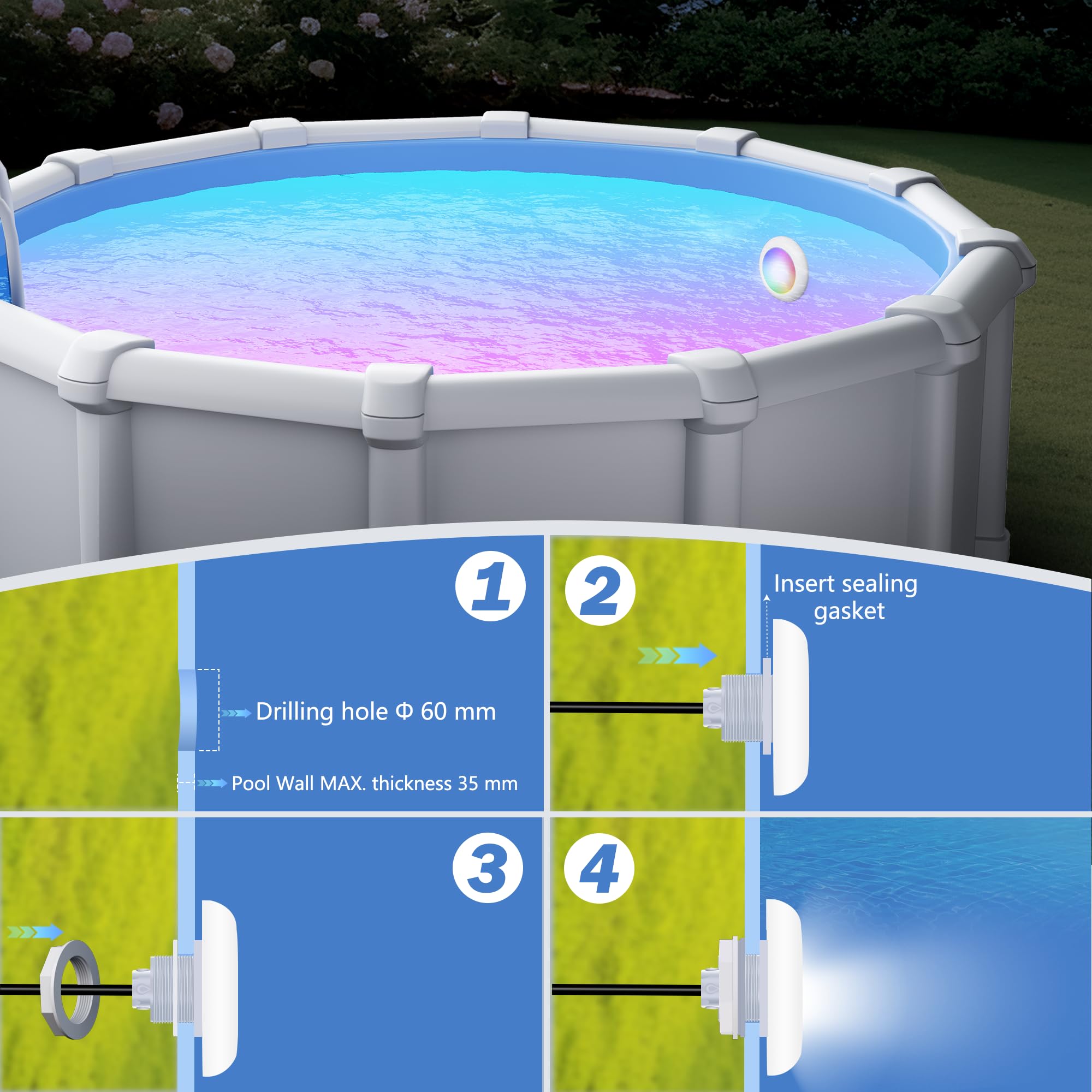 Luci Piscina LED con Filettatura 2", 18W Lampade Piscina 6000K Non Dimmerabile, 1800lm, Ø242mm, 12V AC/DC IP68 Impermeabile Riempito di Resina Faro Sommergibile per Piscine Fuori Terra Acciaio