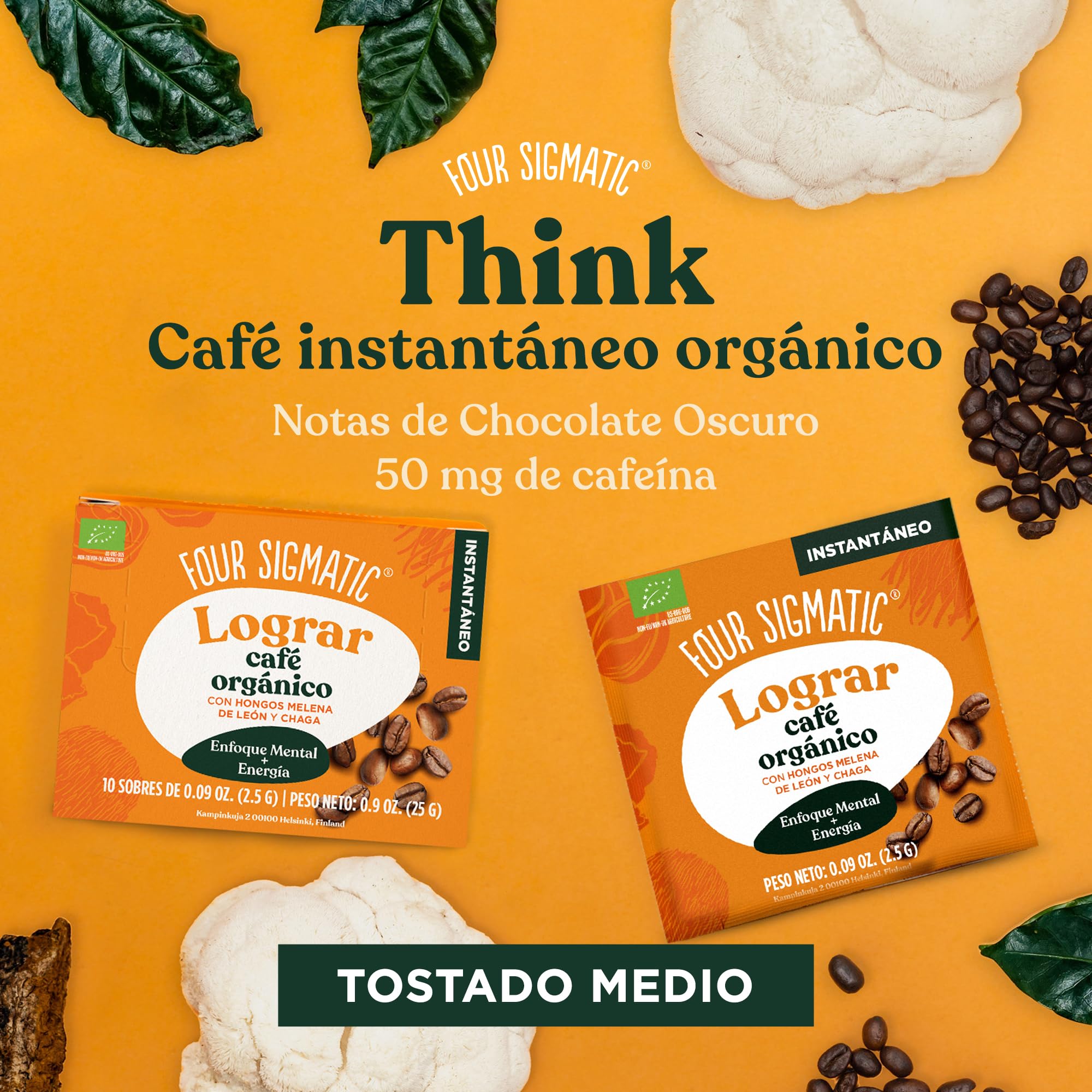 Four Sigmatic Café instantáneo orgánico en polvo de | Café instantáneo arábica individual con melena de león, chaga y rodiola | Mezcla instantánea de café de hongos para una mejor concentración y