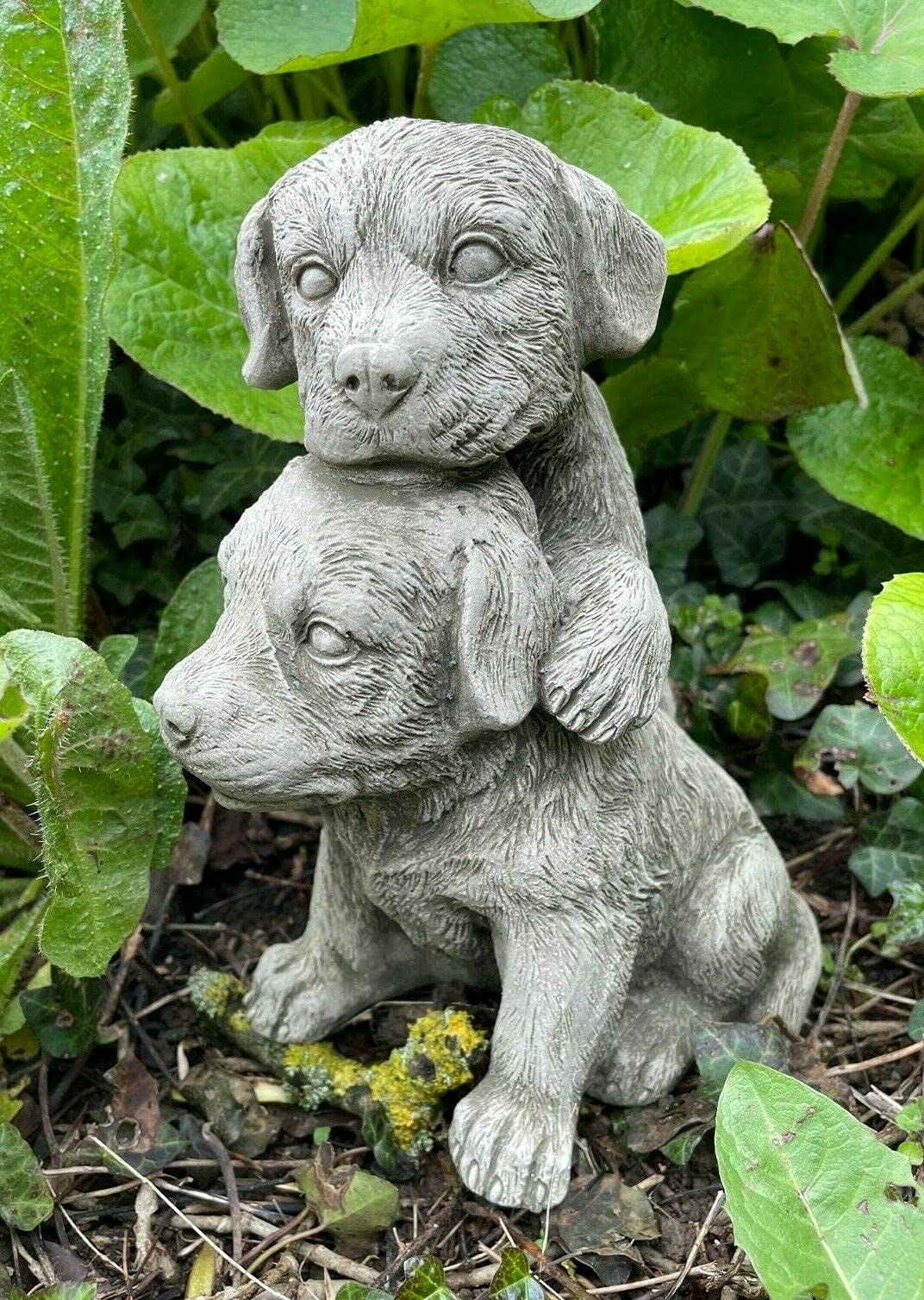 Burgess Home & Garden White Pair Of Puppies Stone Garden Statue | Reconstituted Outdoor Dog Animal Ornament