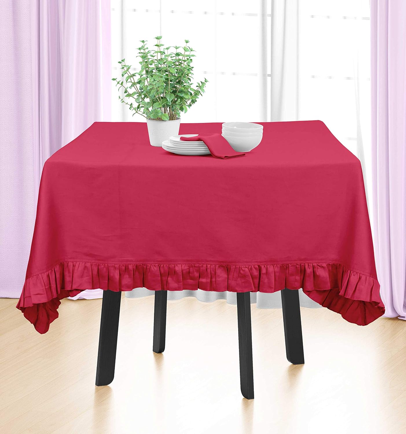 Ruffle Tablecloth Rectangular Tabletop Covers Kitchen Dining Table Cloth Party Decoration Cotton Table Cover,Magenta,54 x 72 Inches