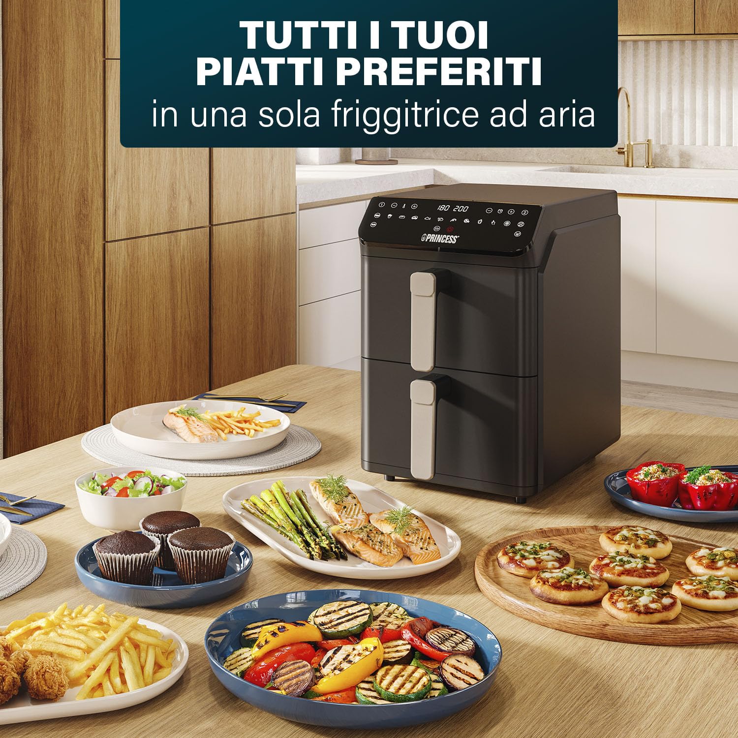 Princess Stack Friggitrice ad Aria, Doppia Friggitrice, 11,2 L, 3000 W, Design Verticale, Funzione Sync, Rivestimento senza PFAS, Nera, 01.182278.01.001