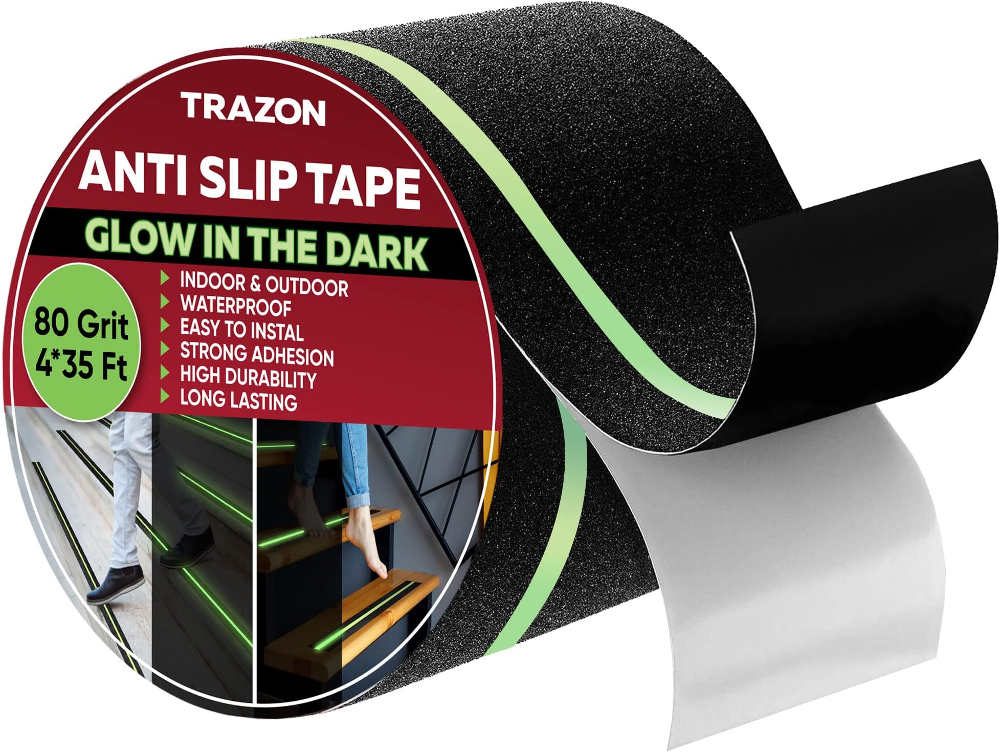 Grip Tape Glow in Dark Stripe - Heavy Duty Anti Slip Tape for Stairs Outdoor/Indoor Waterproof 4 Inch x 35 Feet Non Skid Roll Stair Steps Traction Tread Staircases Grips Adhesive Nonslip Slip Strips