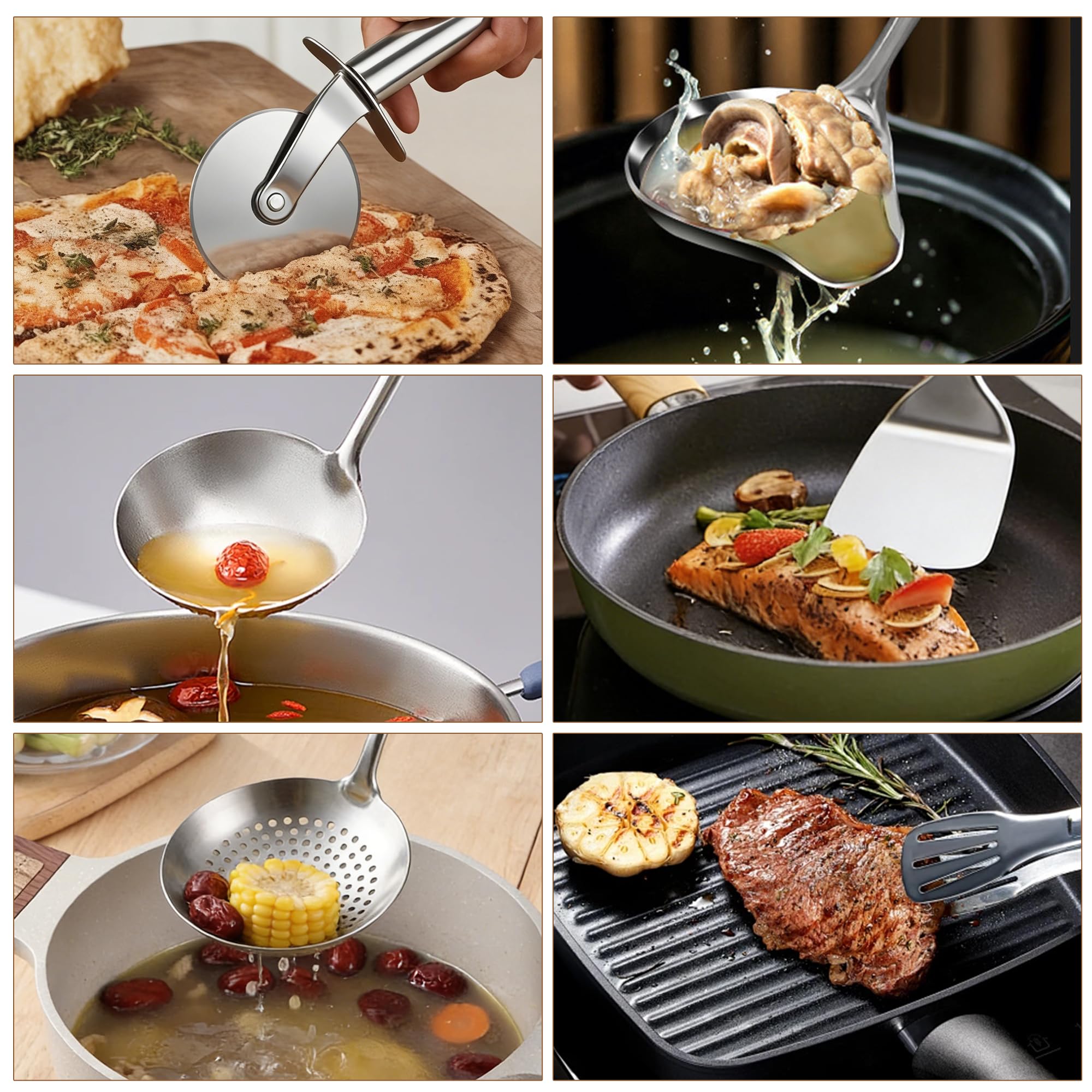 Lot de 18 Ustensile de Cuisine en Acier Inoxydable, Avec Spatule, Louche, Pelle, Spatule Fendue, Passoire, Fourchette à Viande, Cuillère à huile, Batte à œufs, Presse-Purée, Roulette à Pizza, Brosse