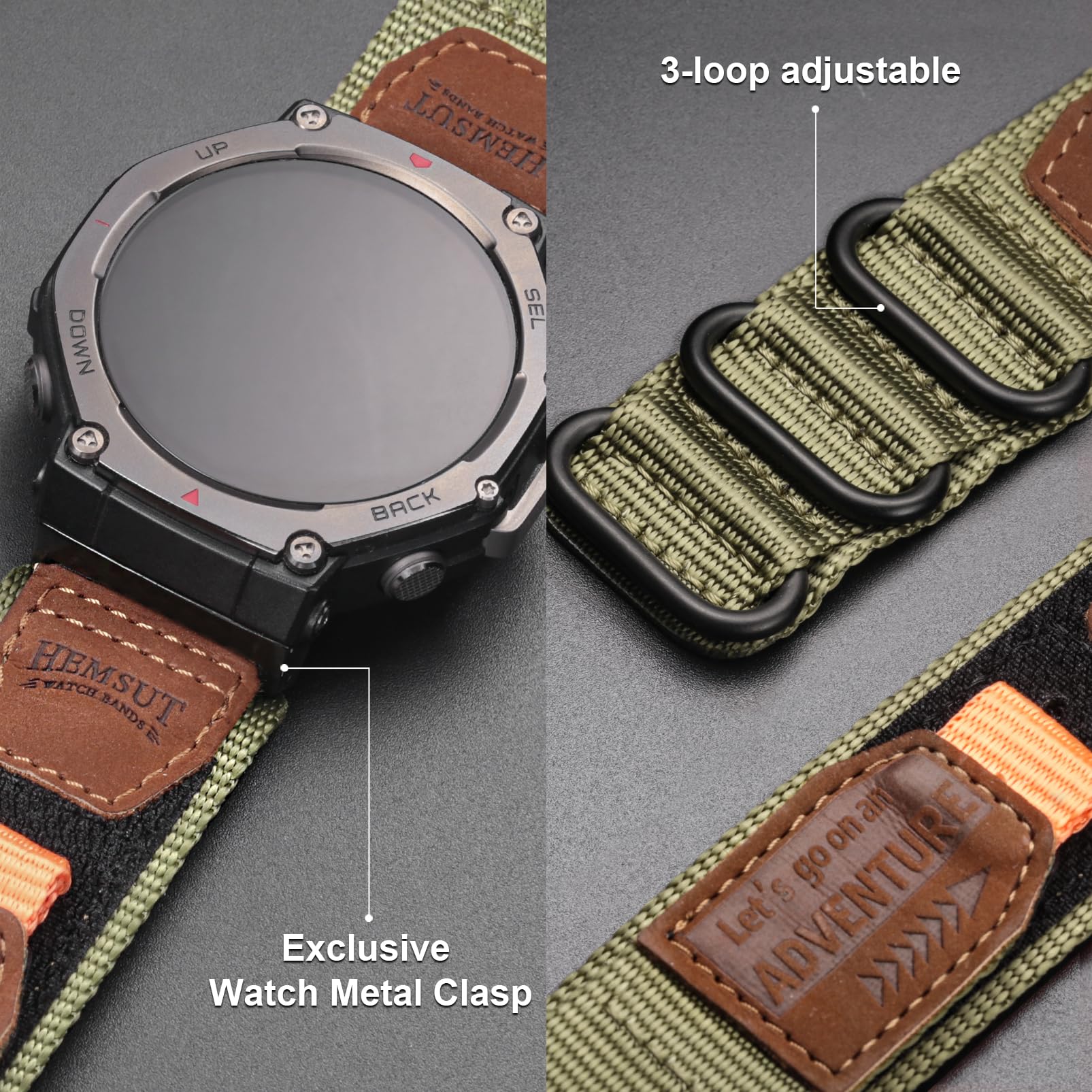 SMITHA Cinturino per orologio compatibile con Amazfit Trex 3 / Trex 3 Pro 48 mm, cinturino in nylon resistente con toppa in pelle, cinturino sportivo regolabile a 3 anelli in 5 colori