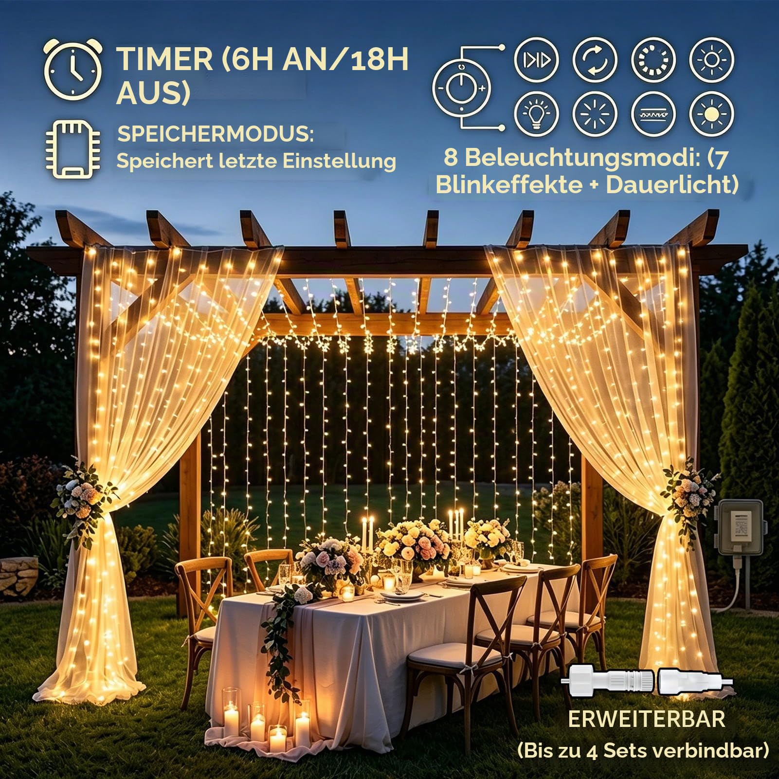 2 Stück 3M x 3M 300LED Lichtervorhang Aussen mit Stecker, Warmweiß | 8 Modi & Timer, Wasserdicht Lichterketten Vorhang für Zimmer, Pavillon, Balkon, Fenster, Wand, Hochzeit und Party