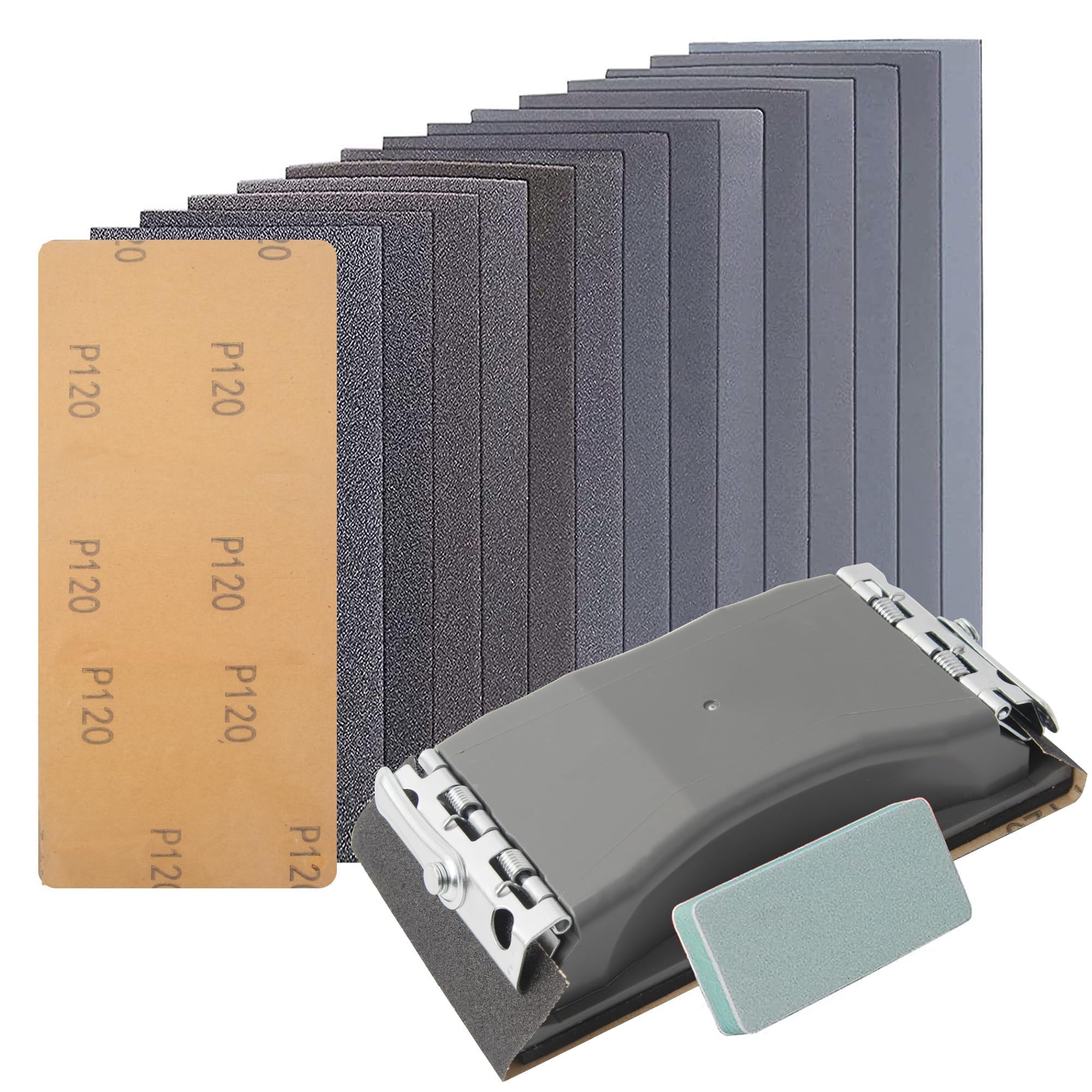 KENDO 44pcs Wet & Dry Sandpaper, 120 to 3000 Grit Sand Paper Assortment for Wood Furniture Finishing, Metal Sanding and Automotive Polishing,DIY