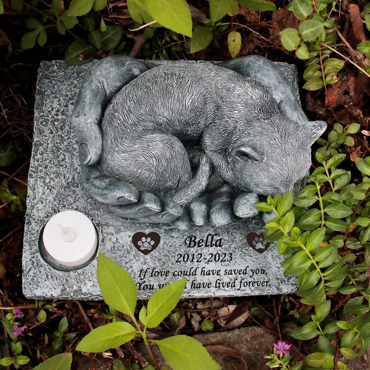JHB Personalisierte Katzen Gedenksteine, lasergravierte 3D-Statue schlafende Katze, Wasserdicht Katze Grabstein, Katzen Gartensteine, Katze Grab Markierungen,Haustier-Grabstein Kitty, Katzen-Andenken