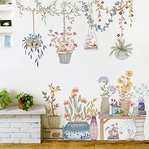 Calcomanías de pared extraíbles para colgar en macetas, calcomanías de pared de plantas coloridas, calcomanías de pared con colgante floral de