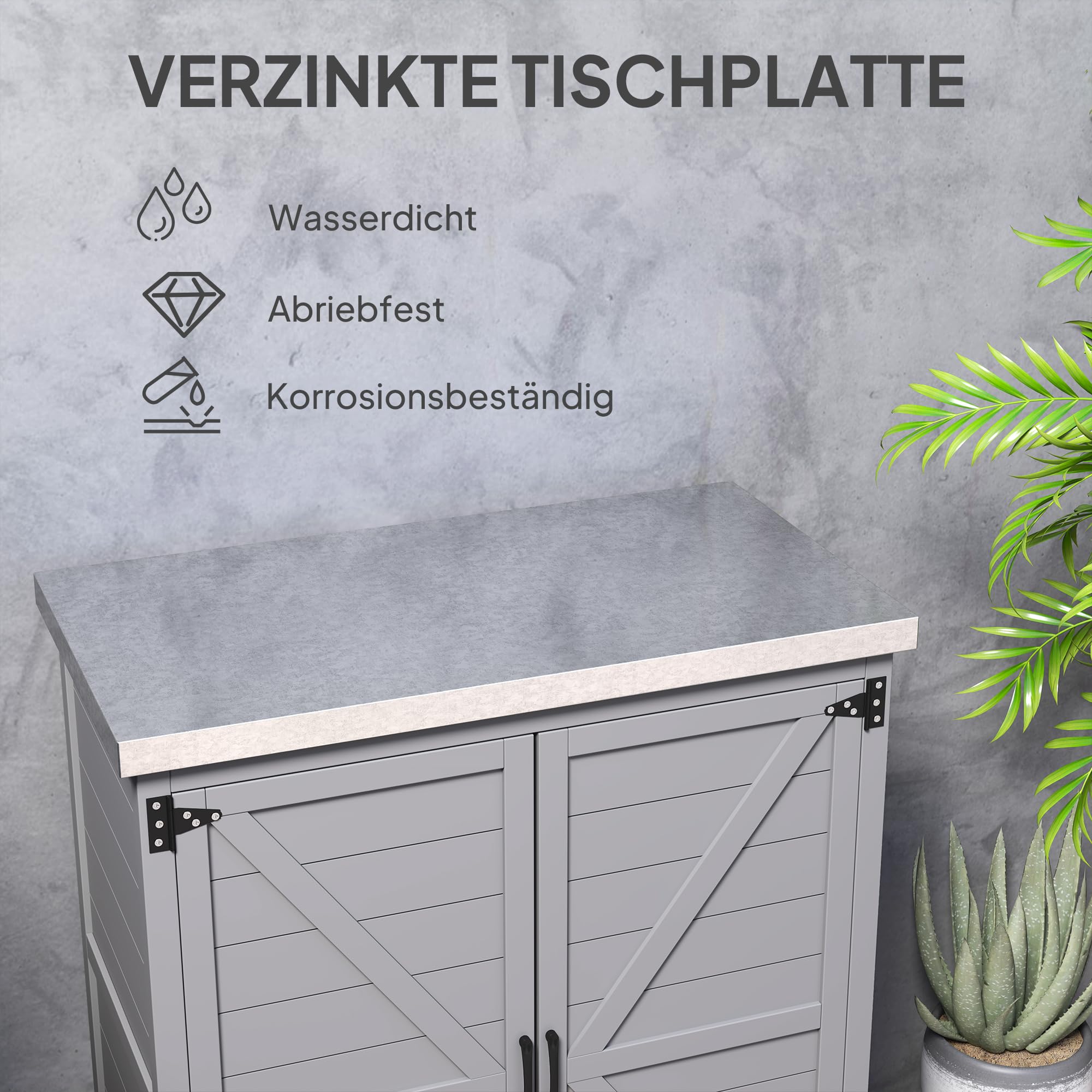 Outsunny Gartenschrank mit Pflanztisch Holz Geräteschuppen verzinkter Arbeitsplatte 2 Regalböden Doppeltür 79 x 43 x 92cm Grau