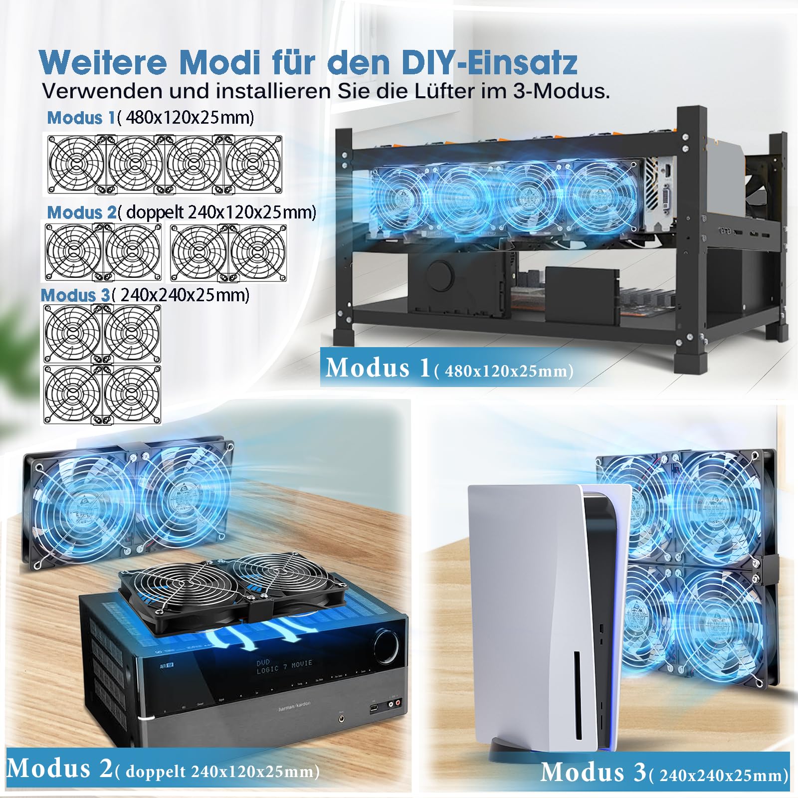 GDSTIME - 4 ventole per computer da 120 mm, DC 12 V, con ventola AC 230 V, controllo della velocità regolabile da 3 V a 12 V, per laptop, armadio, telaio del server, ventilazione, per cambiare ventole