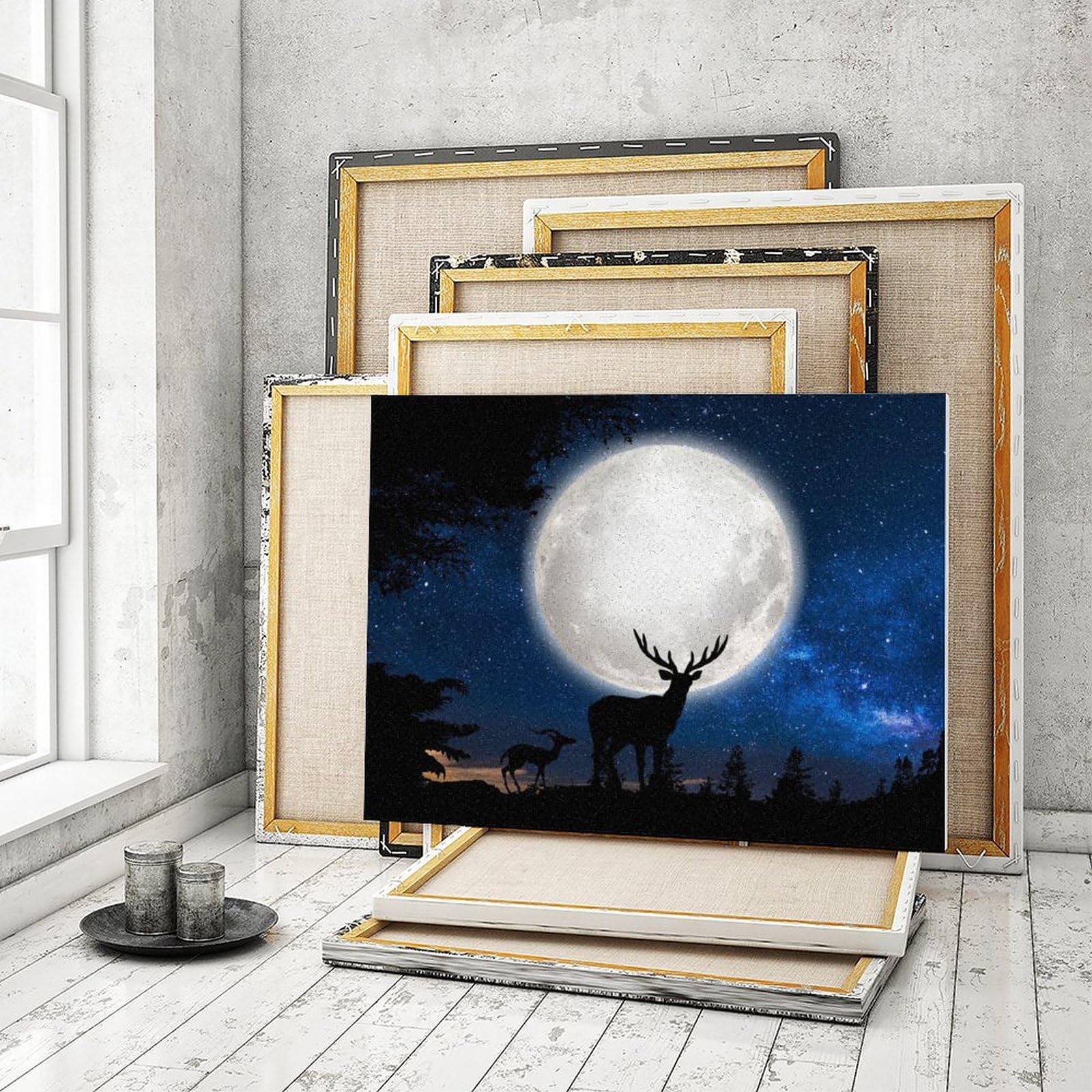Amazon | 月の下の鹿の影 数字油絵 絵の背景のロマンチックな 数字
