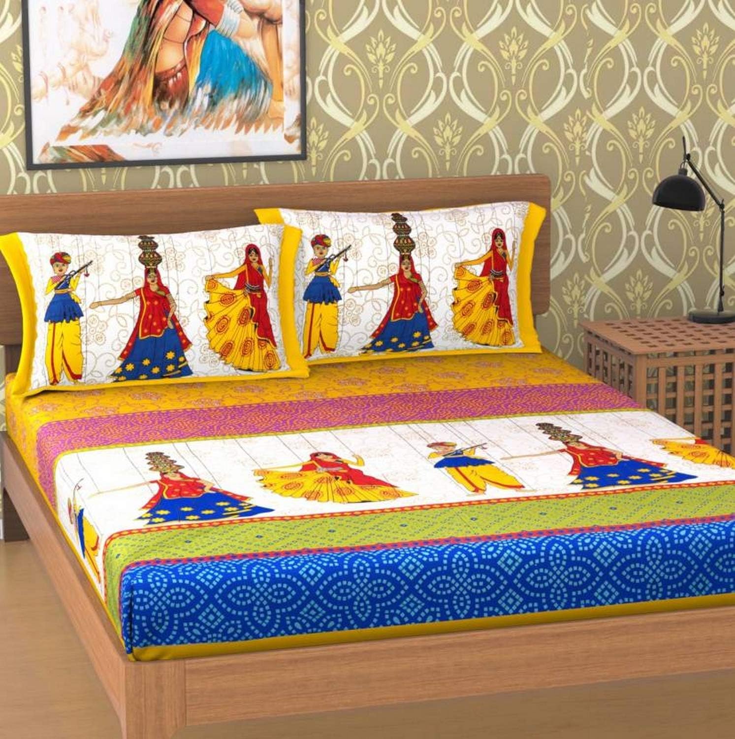 Ubania Collection 100% Cotton Rajasthani Jaipuri Double Bed Sheet with Two Pillow Covers - 356